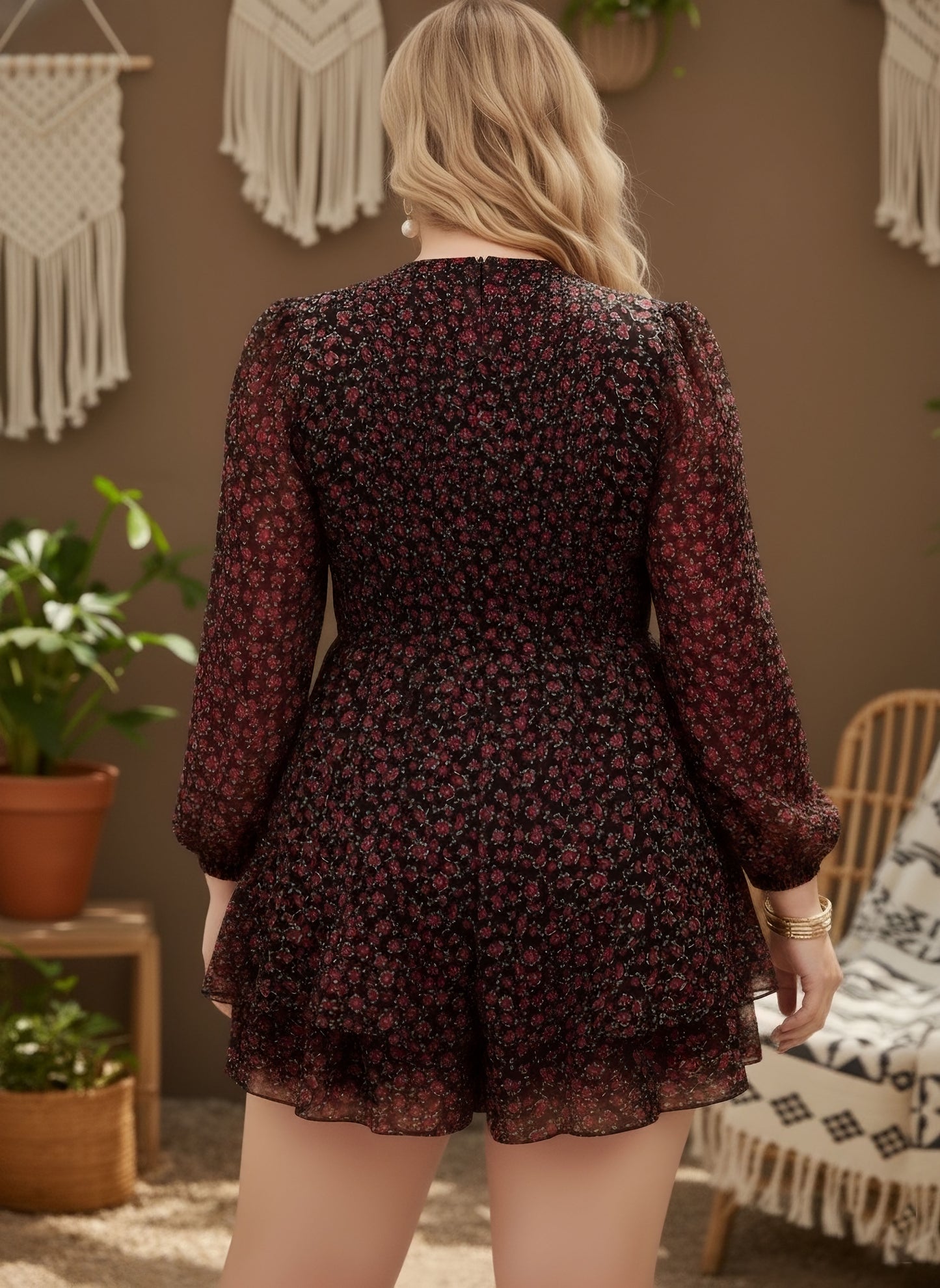 Berrylush Curve Women Black & Red Floral Printed Sweetheart Neck Puff Sleeves Tie-Up Waist Layered Mini Jumpsuit