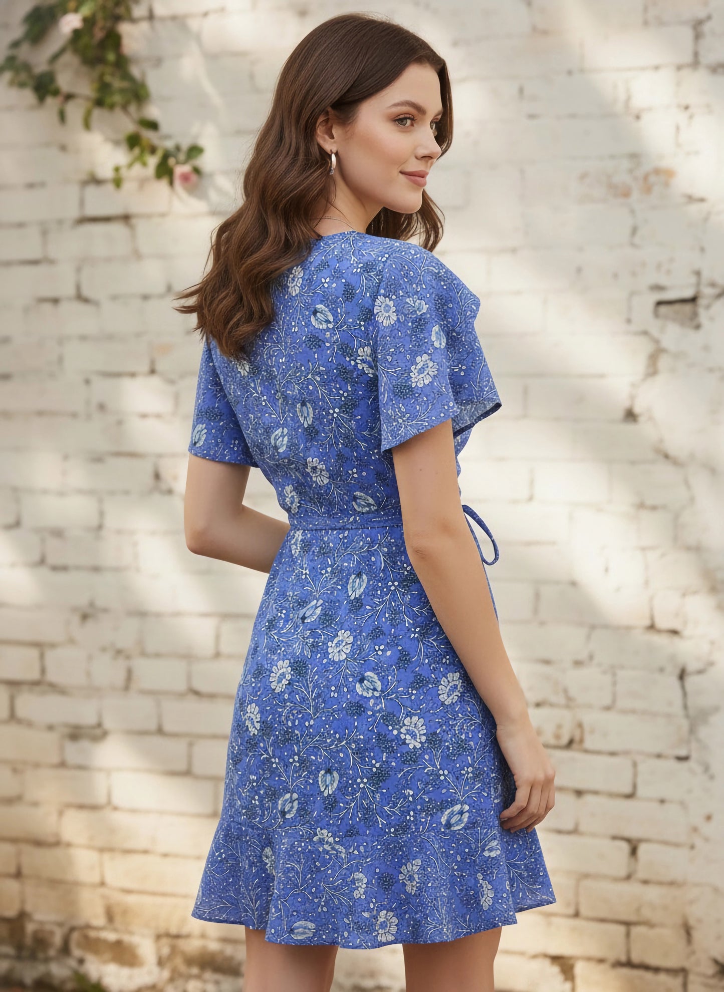 Berrylush Women Blue Floral Printed V-Neck Waist Tie-Up Mini Dress