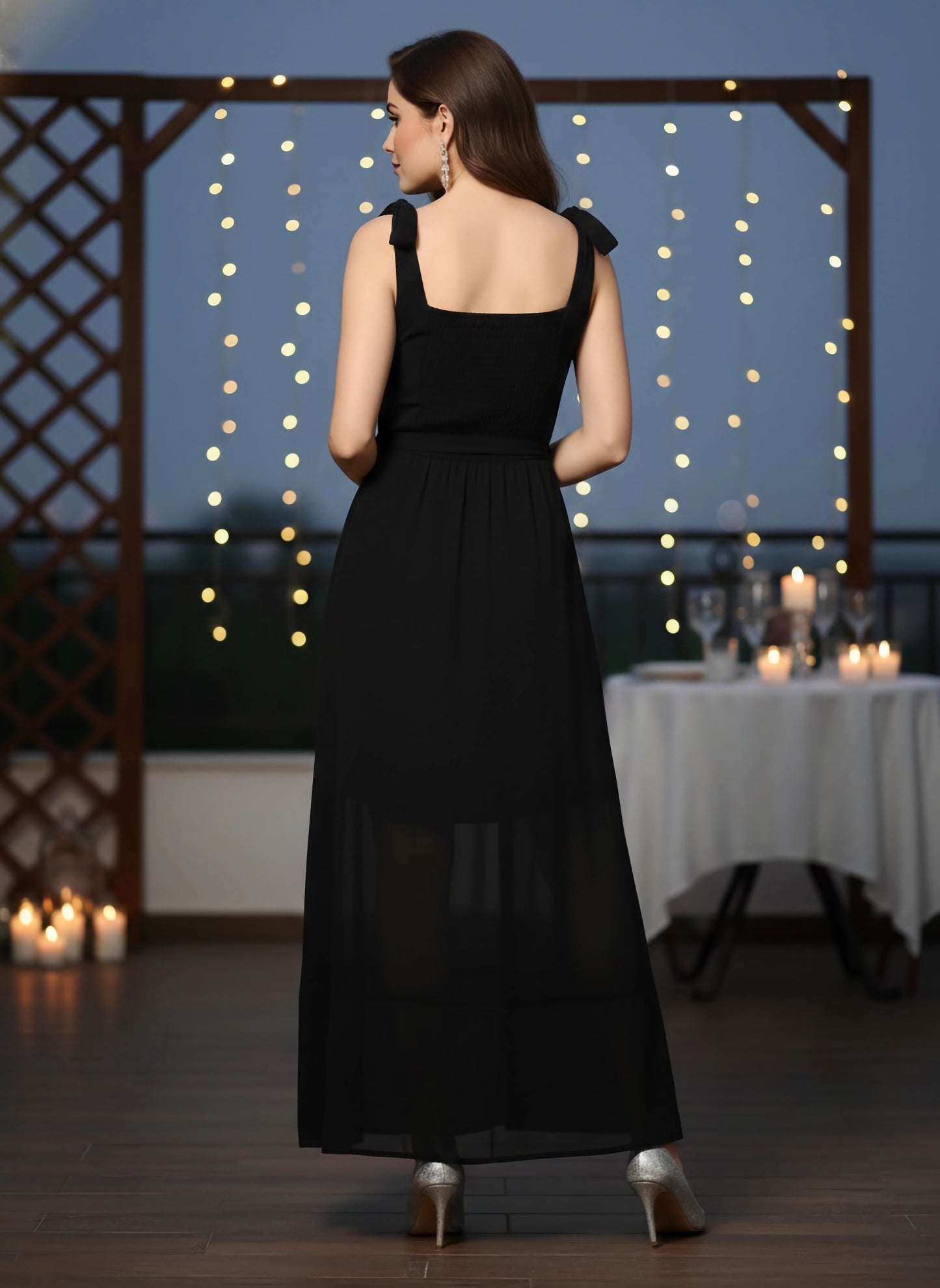 Berrylush Women Solid Black Square Neck Waist Tie-Up Cutout Georgette Flared A-Line Maxi Dress