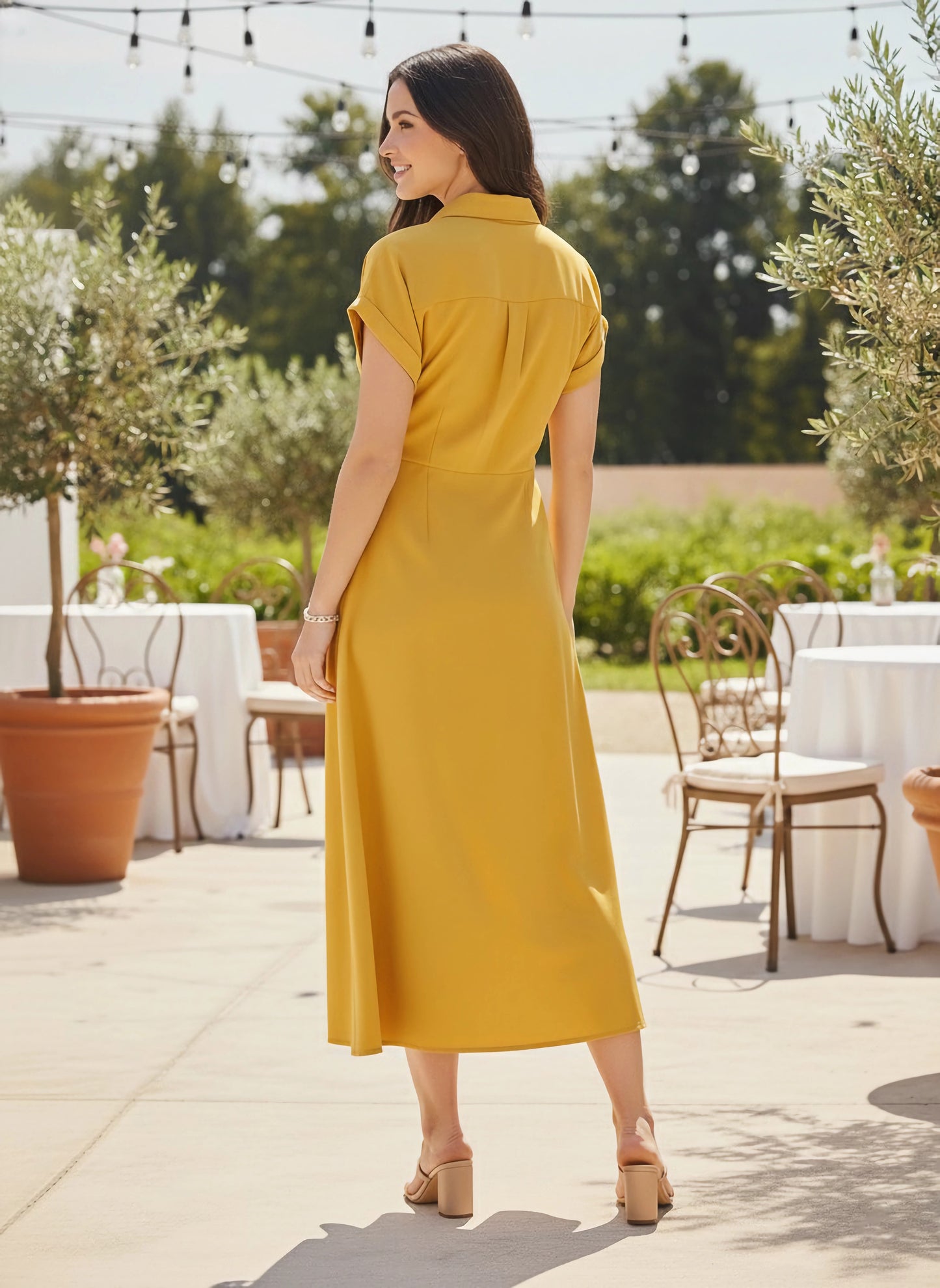 Berrylush Women Solid Yellow Collar Neck Front Tie-Up Waist Front Button Pleated Midi Shirt Dress