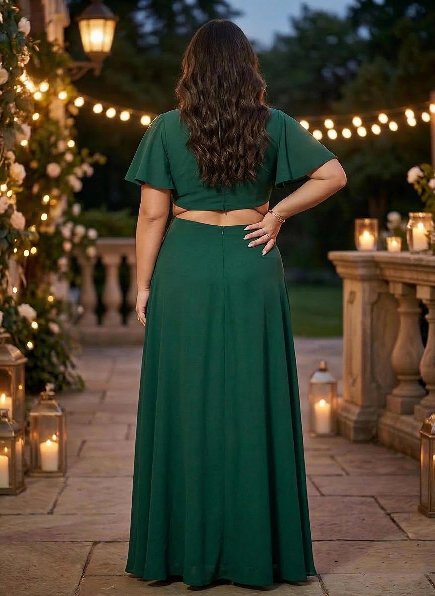Plus Size Solid Green Round Neck Flutter Sleeve Back Cutout Thigh-High Slit Flared Maxi Dress