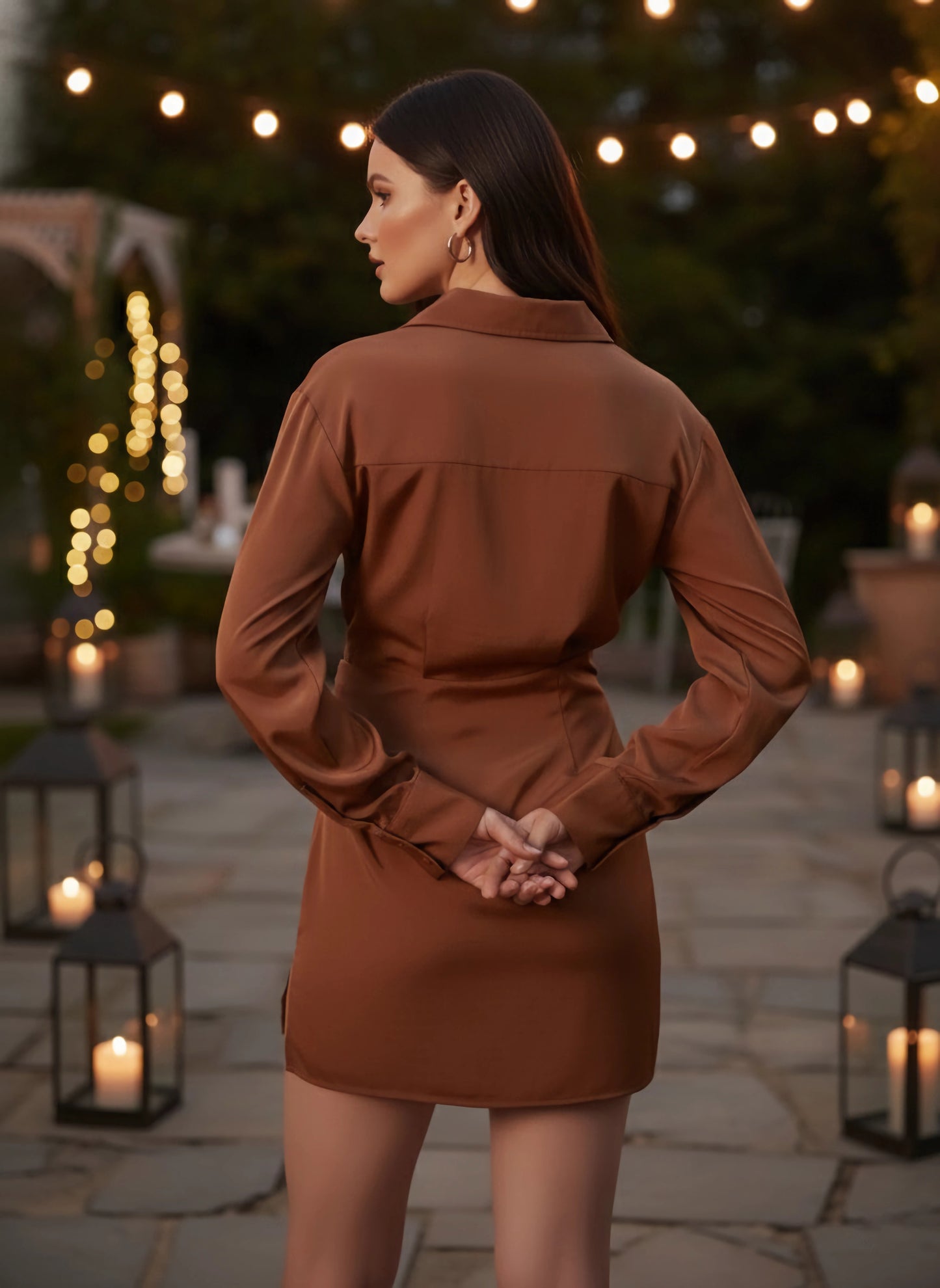 Berrylush Women Solid Brown Spread Collar Neck Drop-Shoulder Sleeves Side-Slit Straight Hem Twisted Mini Dress