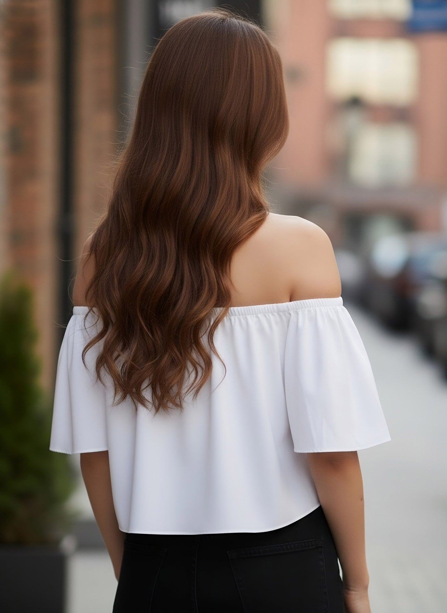 Berrylush Women Solid White Off-Shoulder Neck Crepe Ruffled Bardot Crop Top