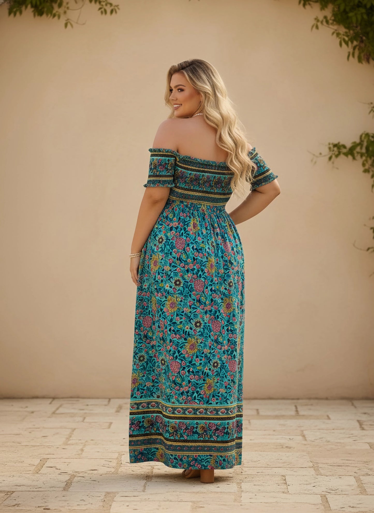 Berrylush Curve Women Blue & Multicolour Floral Printed Off-Shoulder Neck Frill Sleeves Thigh-High Slit Smocked A-Line Maxi Dress