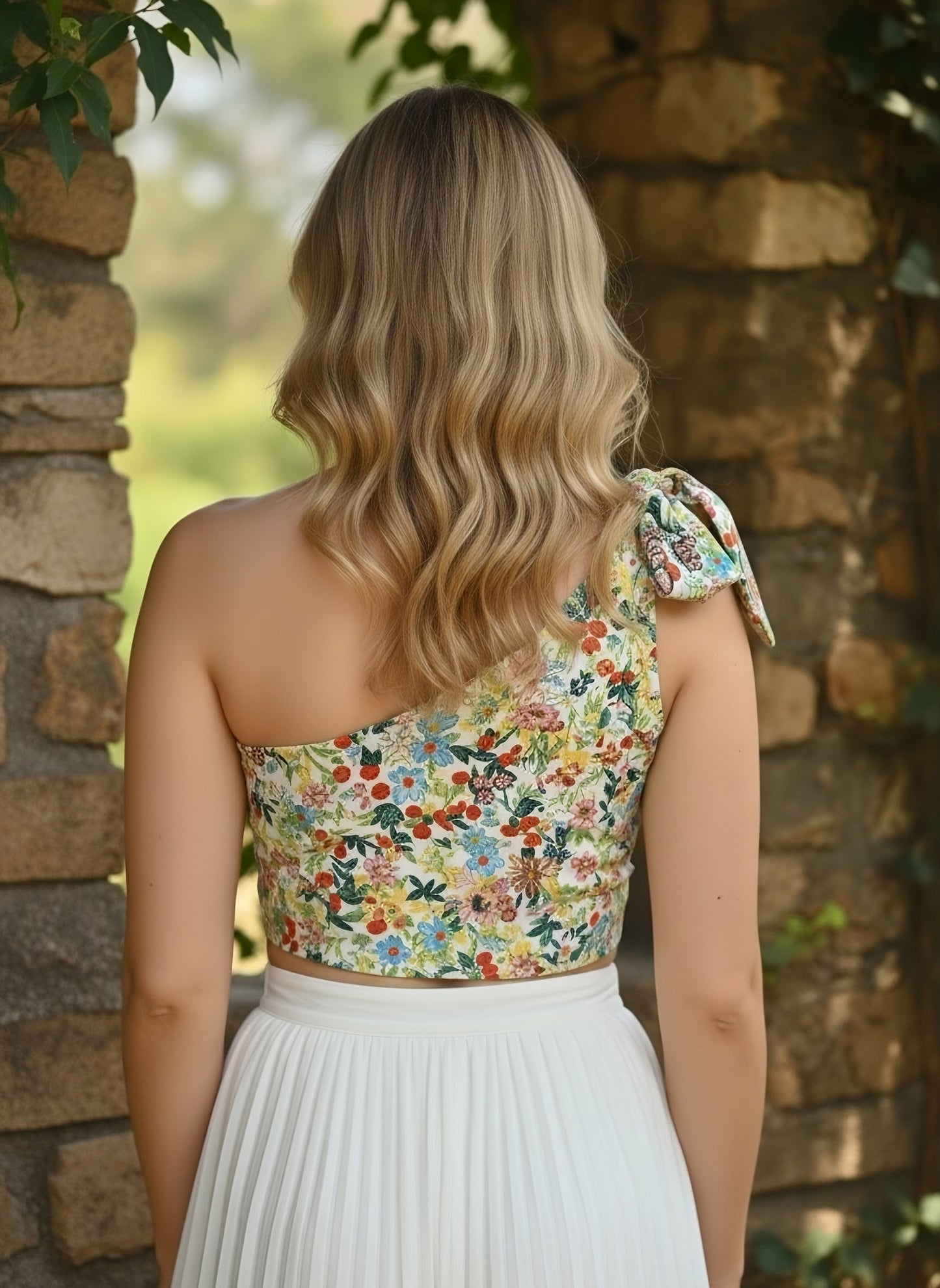 Berrylush Women White & Multicolour Floral Printed One-Shoulder Neck Tie-Up Strap Cropped Top