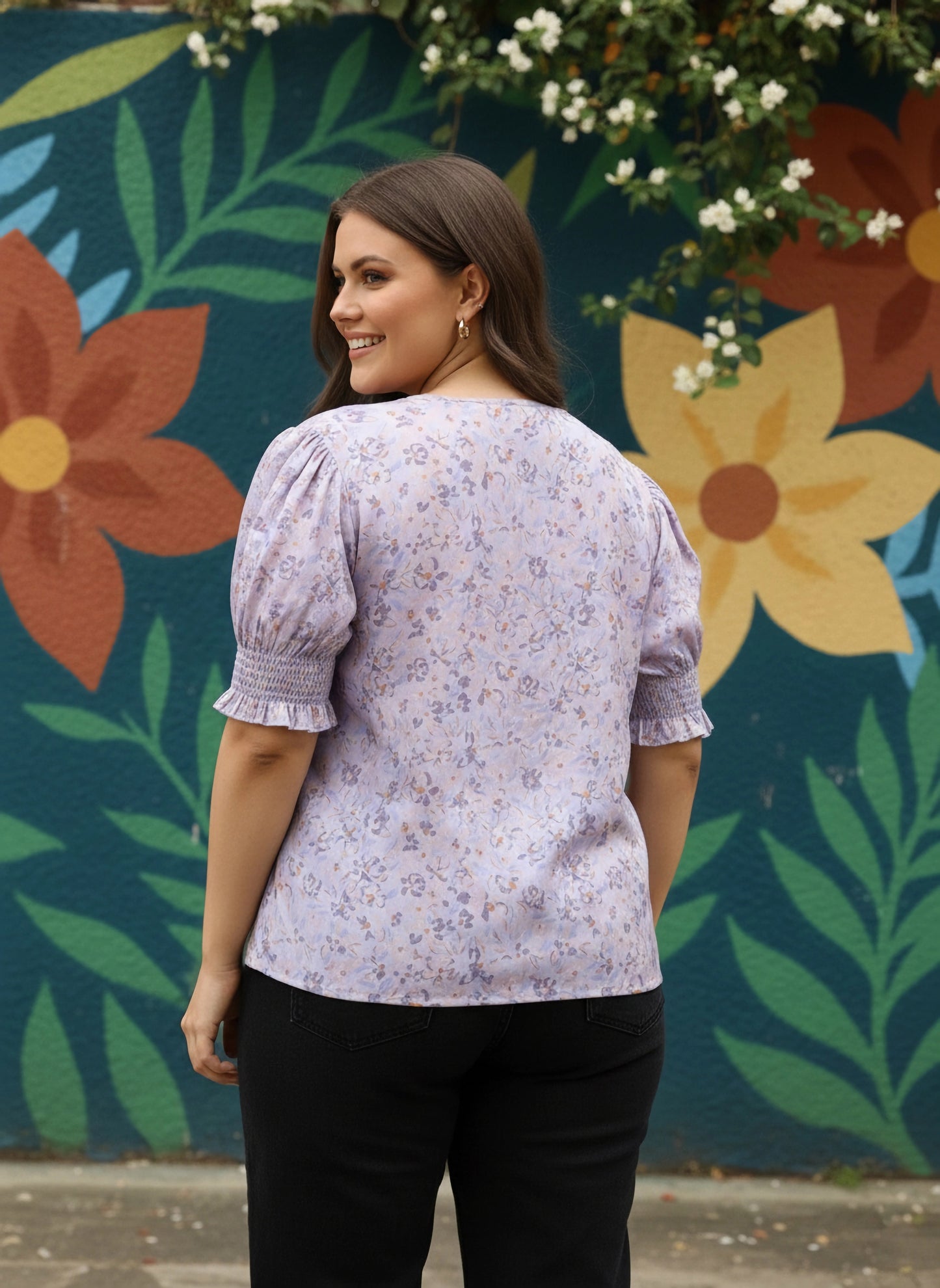 Plus Size Purple Floral Printed V-Neck Puff Sleeves Button-Up Crepe Smocked Regular Top