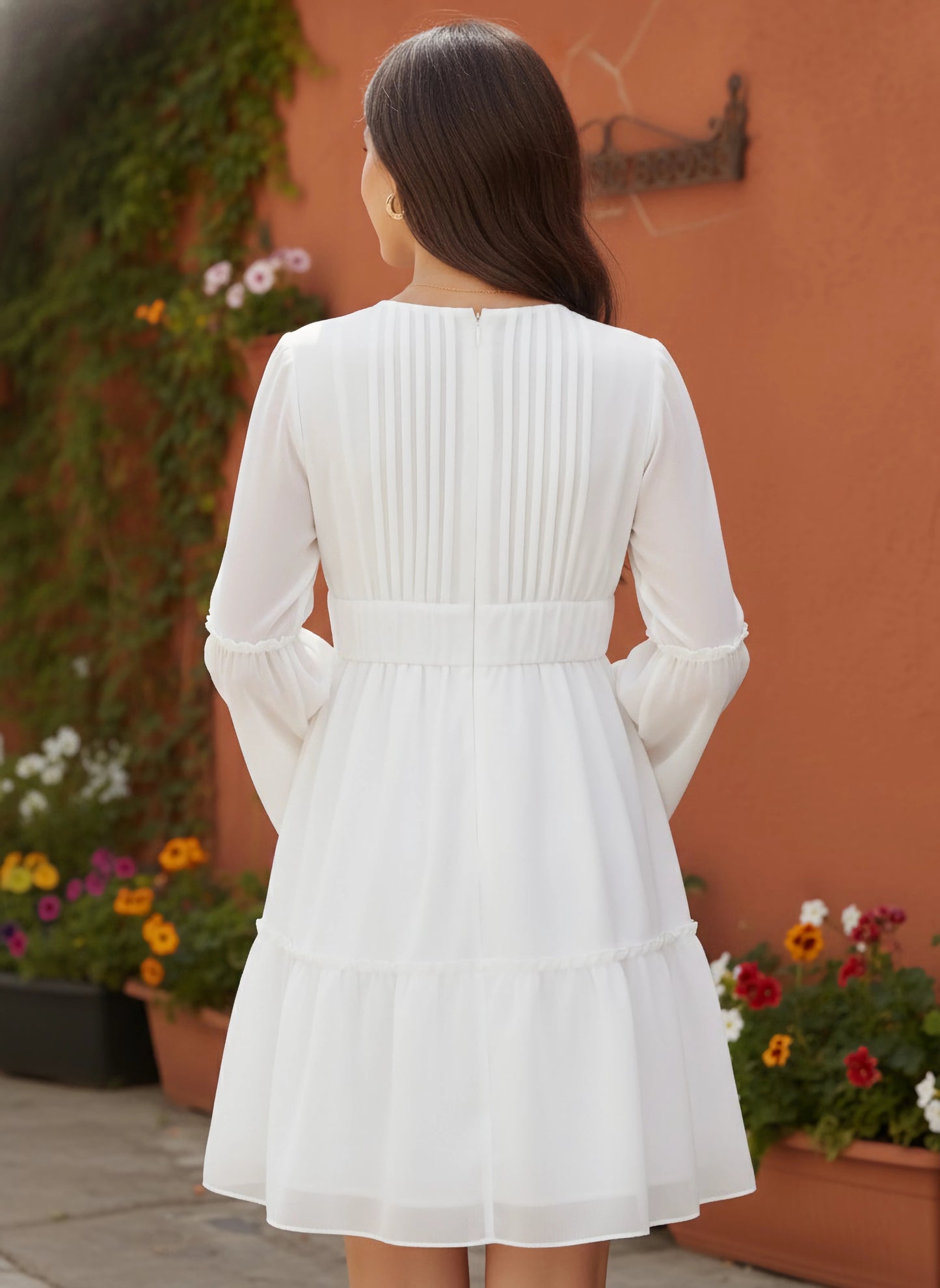 Solid White V-Neck Bishop Sleeves Back Zipper Ruffled A-Line Mini Dress