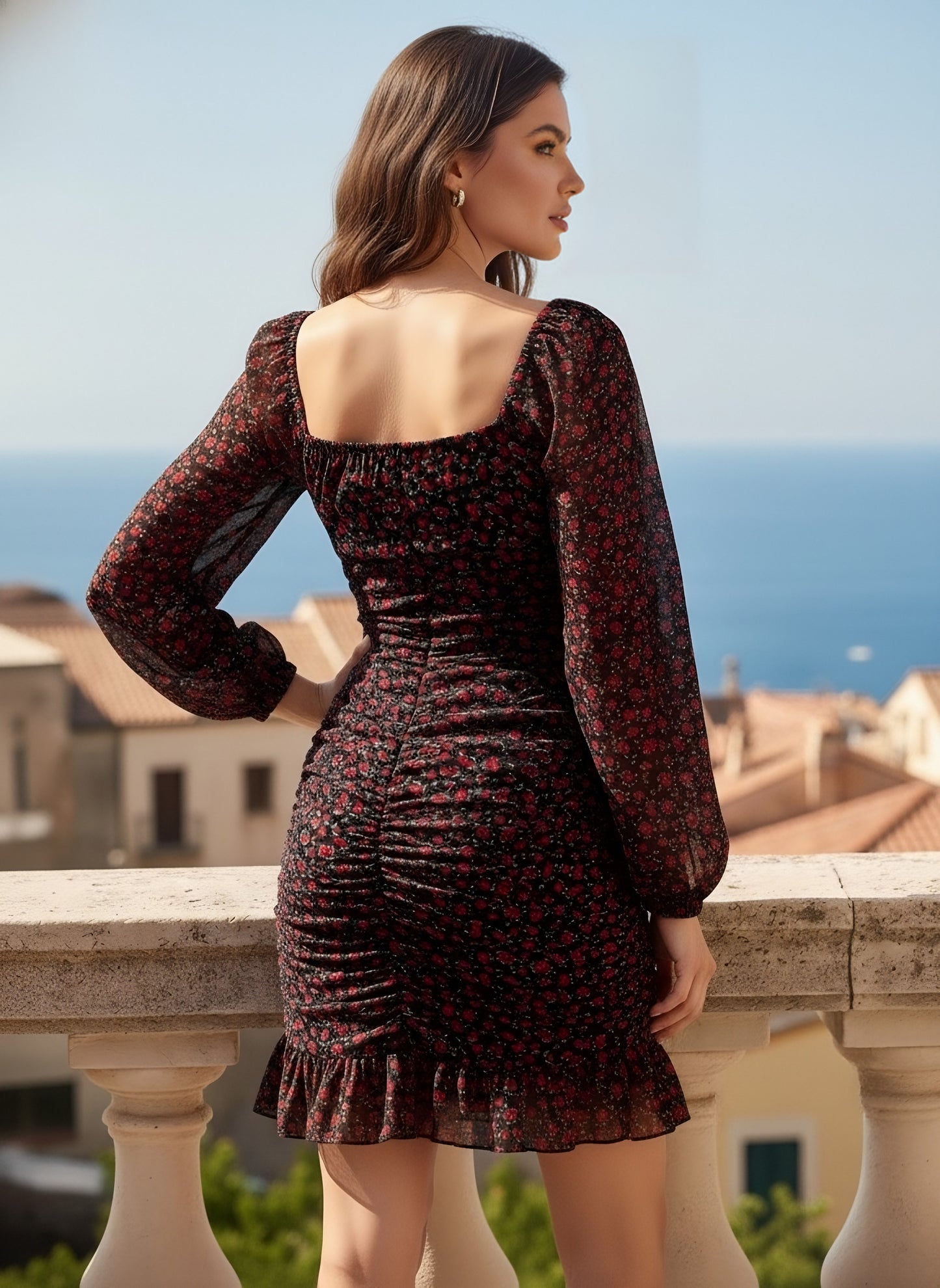 Berrylush Women Black & Red Ditsy Floral Printed Square Neck Georgette Ruched Bodycon Mini Dress