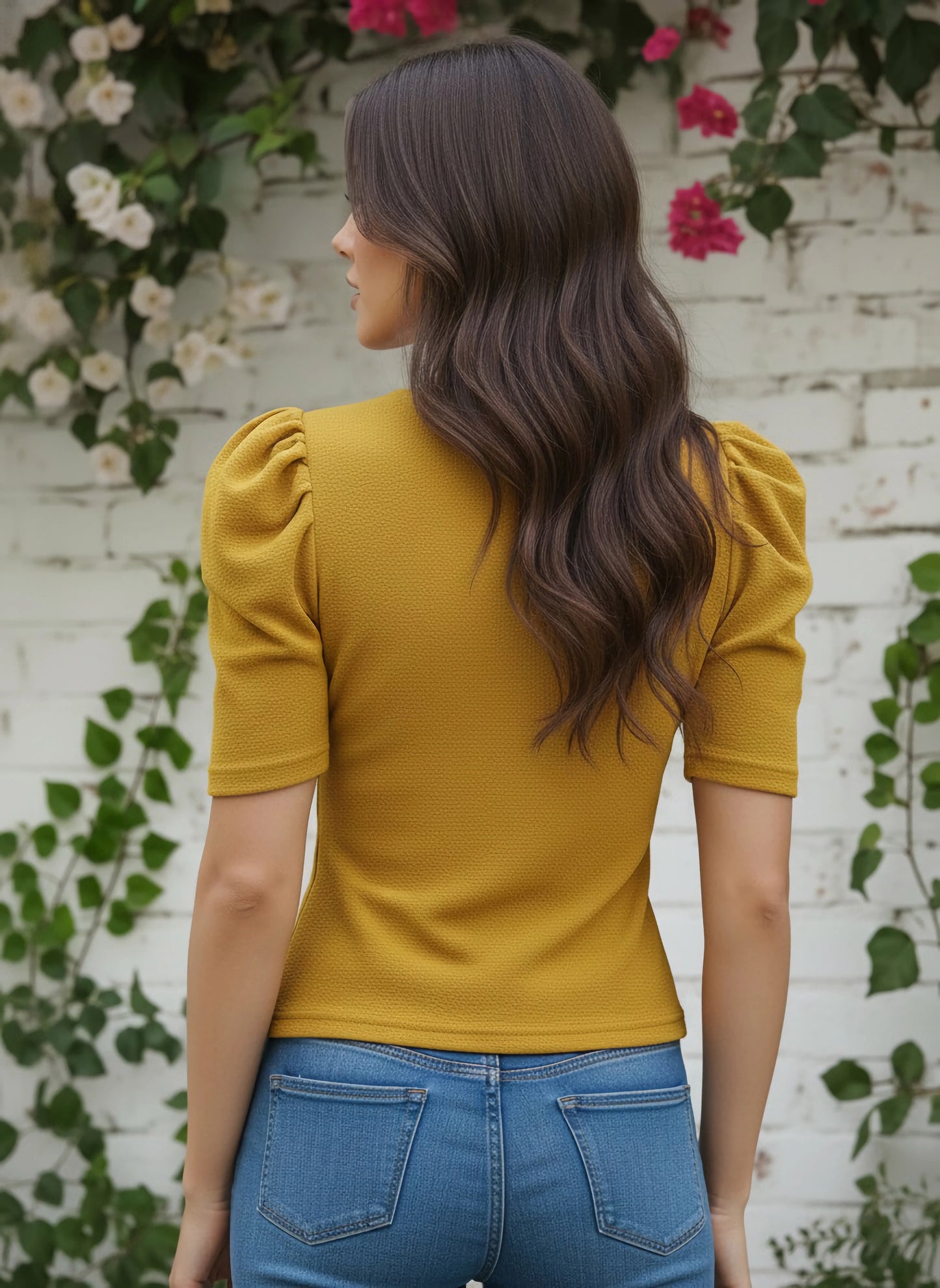 Berrylush Women Solid Yellow V-Neck Puff Sleeves Slim Fit Wrap Knitted Regular T-Shirt