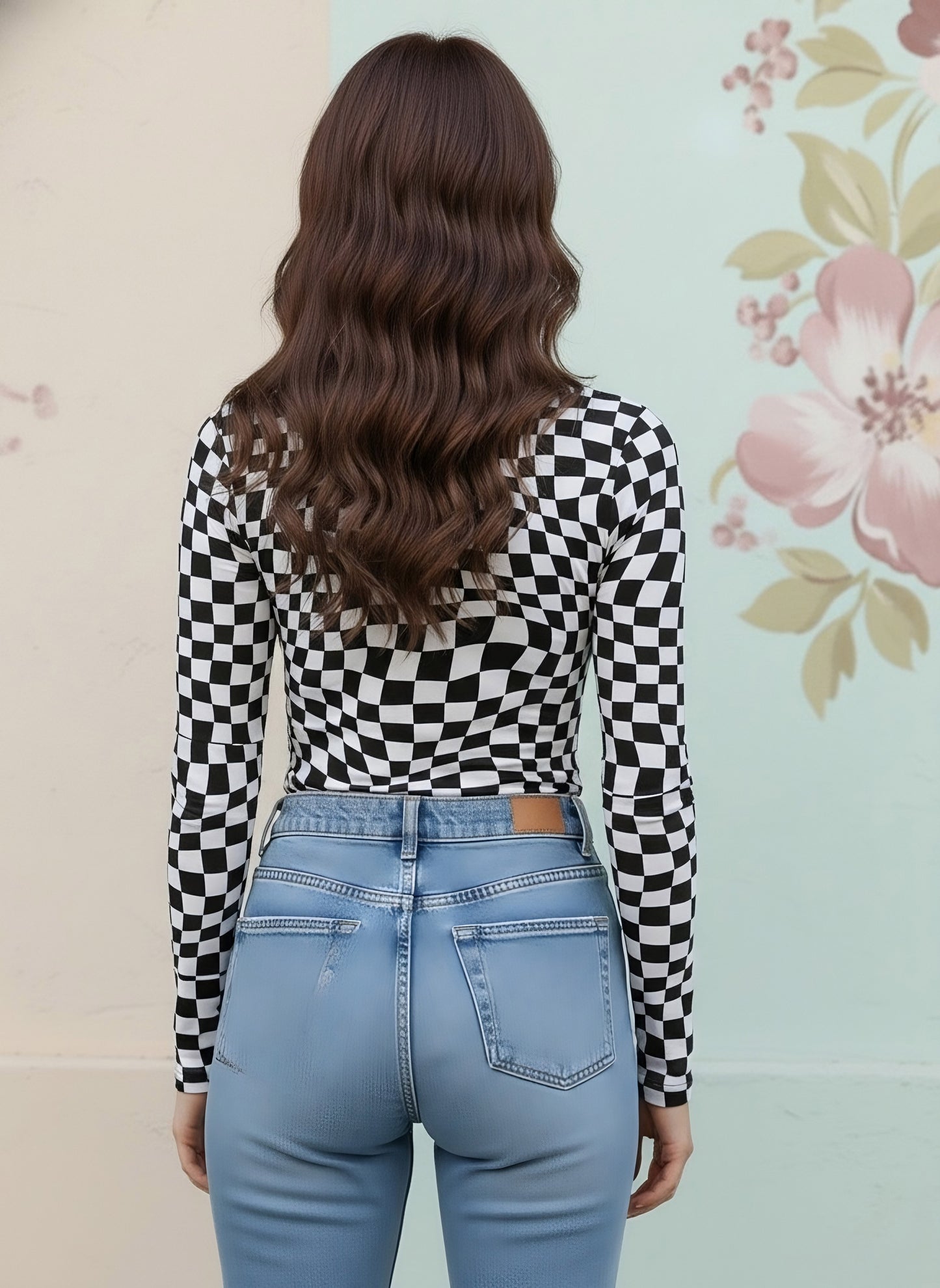 Berrylush Women White & Black Checked Pattern High Neck Slim-Fit Knitted Regular T-Shirt