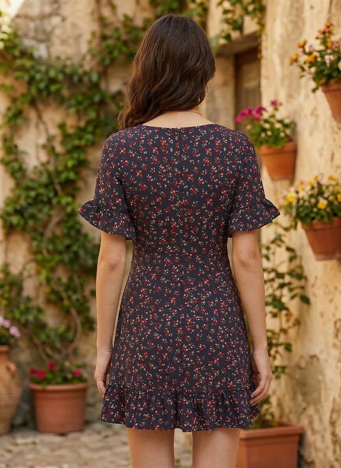 Berrylush Women Navy Blue Floral Printed Fit & Flare Mini Dress