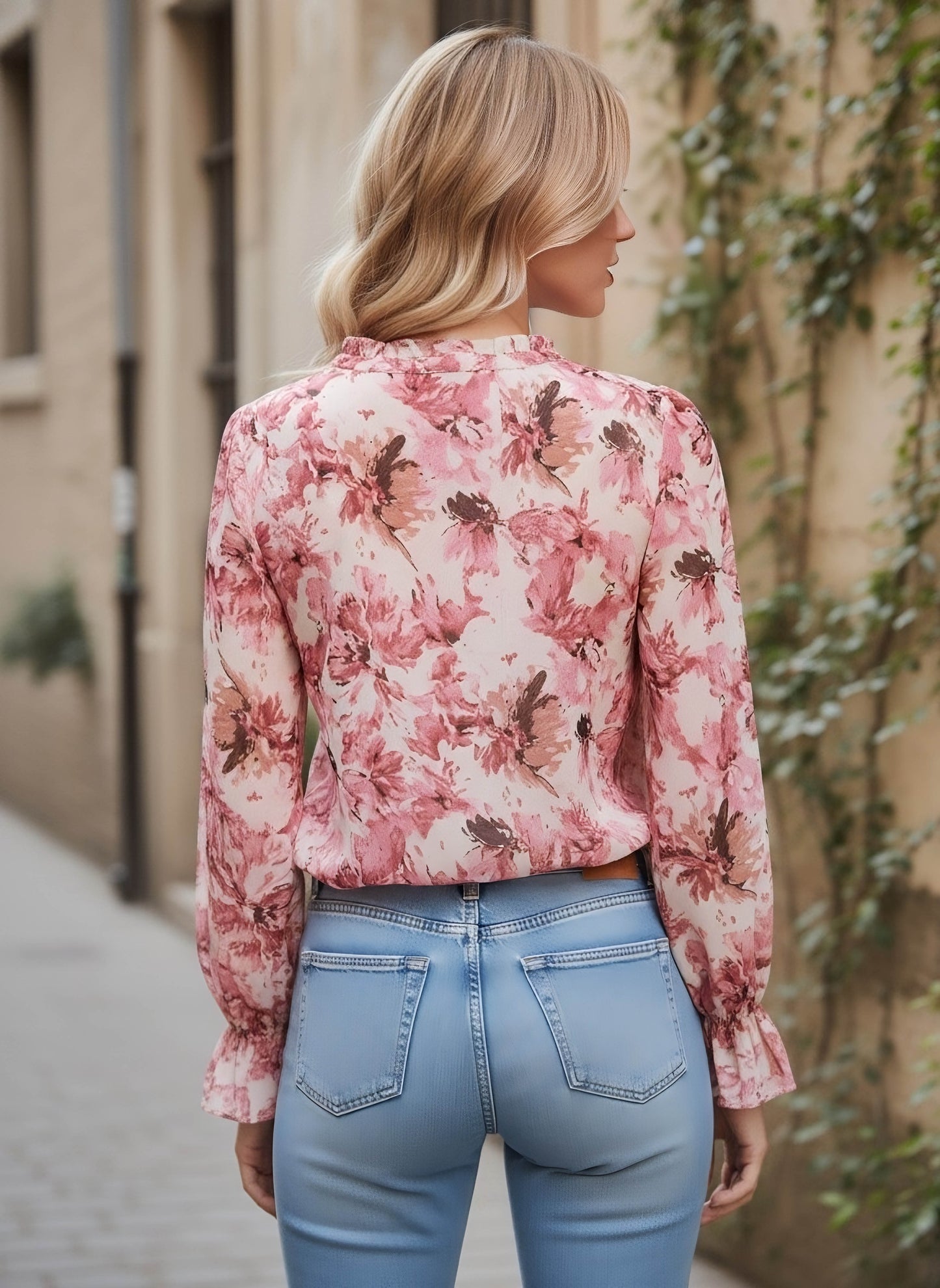 Berrylush Women Pink & White Floral Printed V-Neck Puff Sleeve Ruffled Regular Top