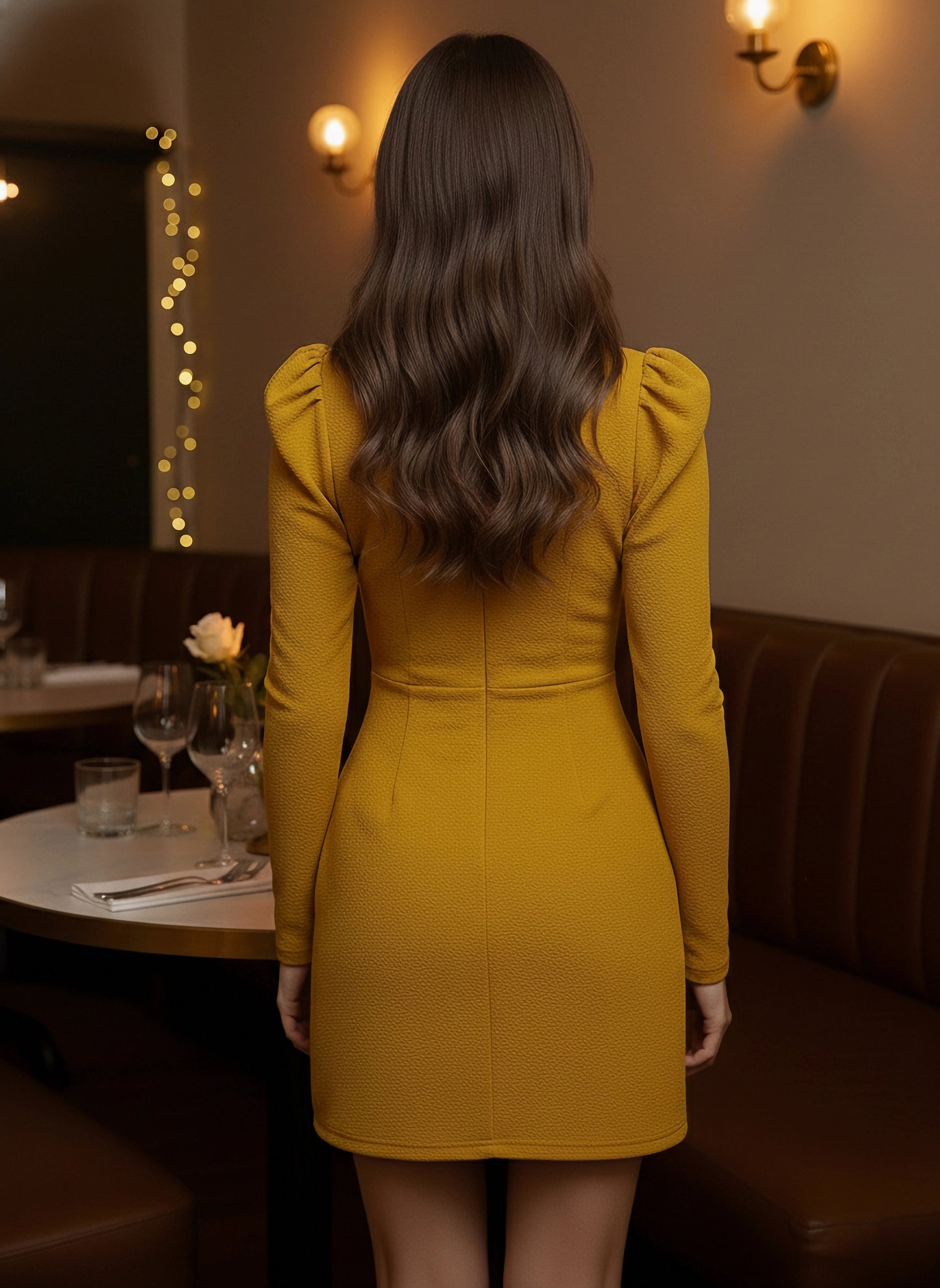 Solid Yellow V-Neck Puff Sleeves Tulip Hem Knitted Wrap Mini Dress