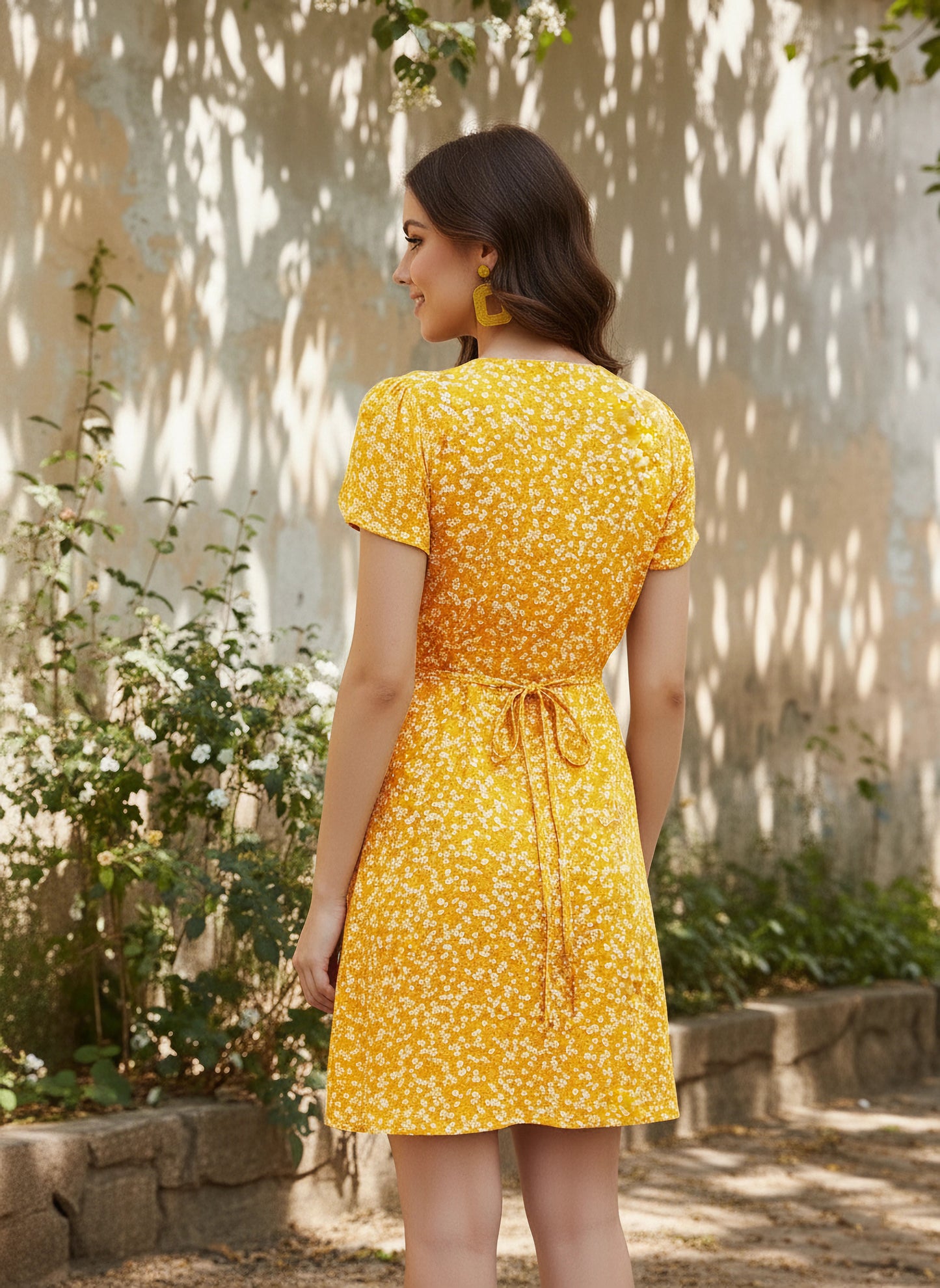 Berrylush Women Yellow Floral Printed A-Line Wrap Mini Dress