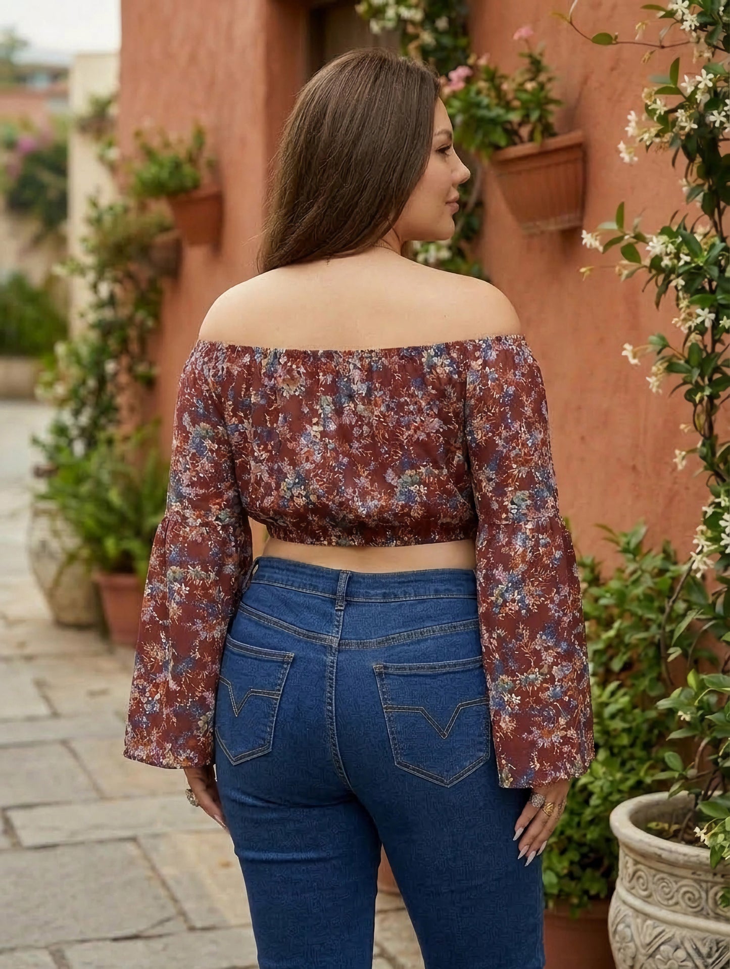 Maroon & White Floral Printed Off-Shoulder Neck Flared Sleeves Cropped Top