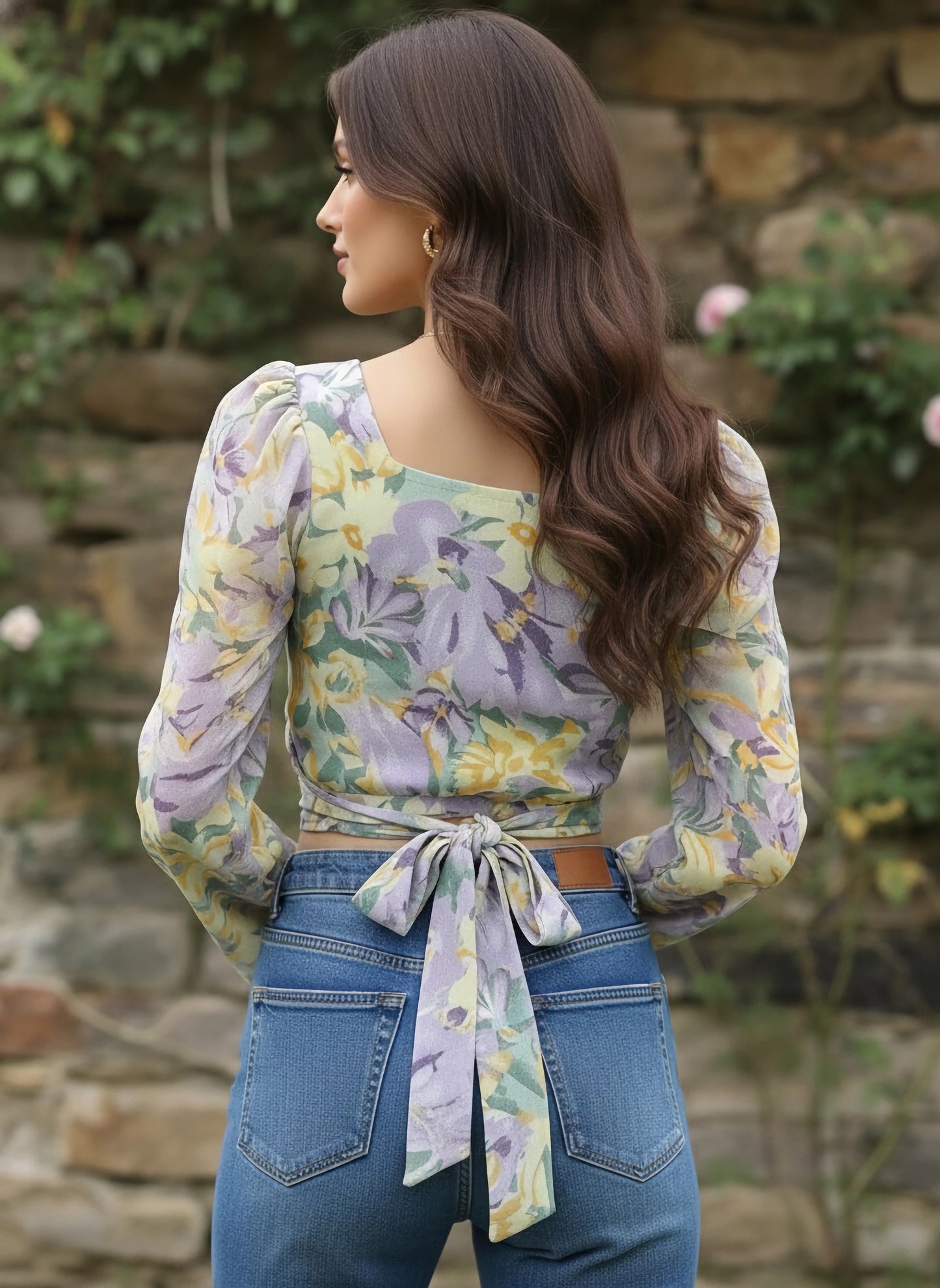 Berrylush Women Purple & Green Floral Print Sweetheart Georgette Wrap Top