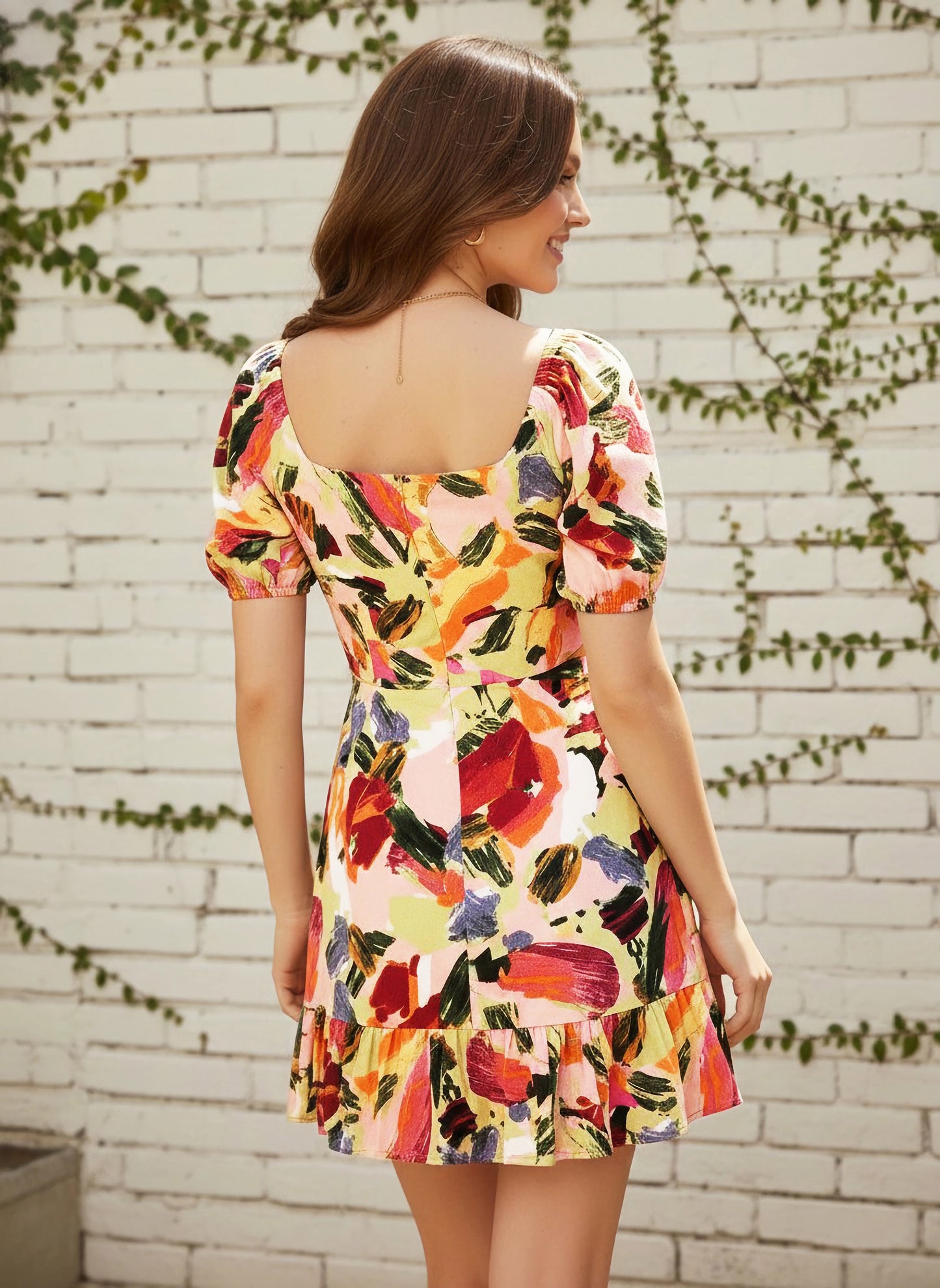 Berrylush Women Pink & Yellow Abstract Printed Sweetheart Neck Ruffled A-Line Mini Dress