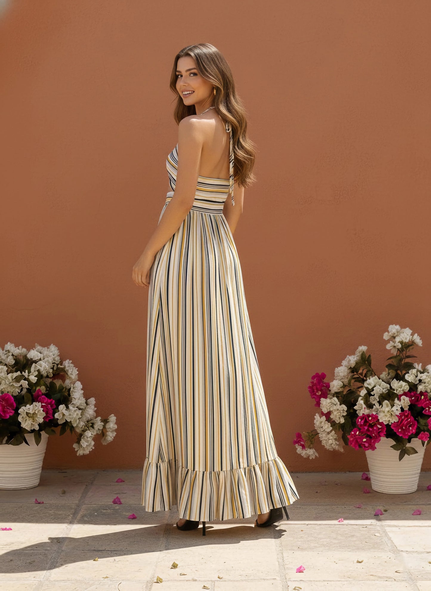 Berrylush Women White & Multicolour Striped Print Halter Neck Sleeveless Backless Front Cutout Flounce Hem Maxi Dress