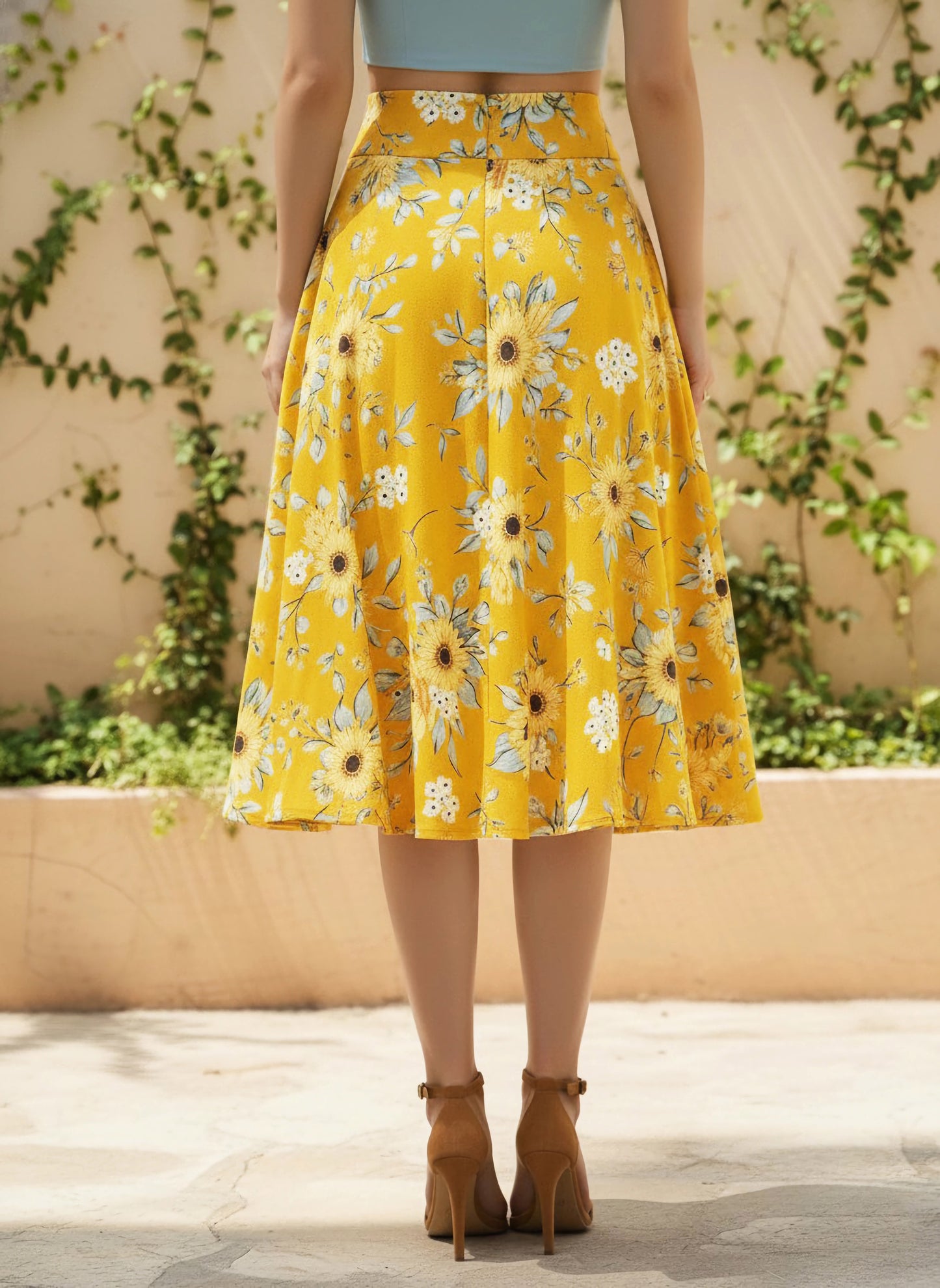Berrylush Women Yellow & Green Floral Printed High-Rise Waist Slip-On Pleated A-Line Midi Skirt
