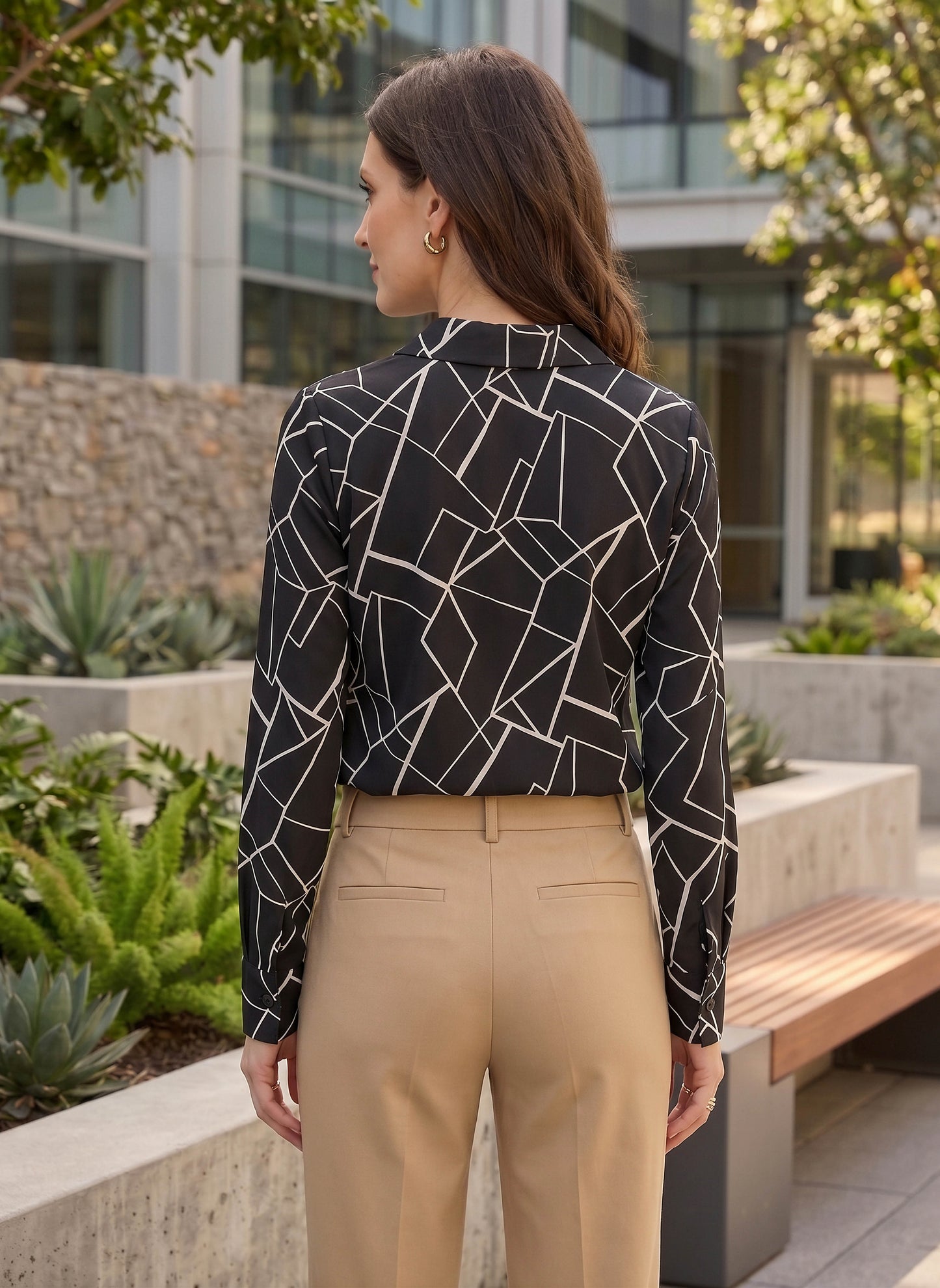 BIZwear Black & White Geometric Printed Spread Collar Neck Button-Up Curved Hem Regular Shirt