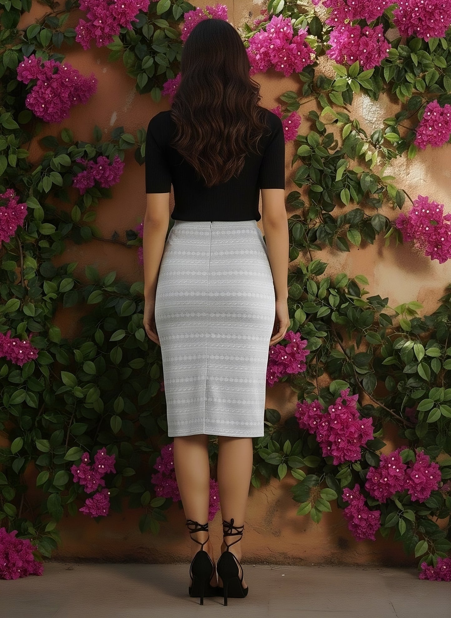 Berrylush Women Grey & White Ethnic Printed Straight Hem Slip-On Knitted Pencil Midi Skirt