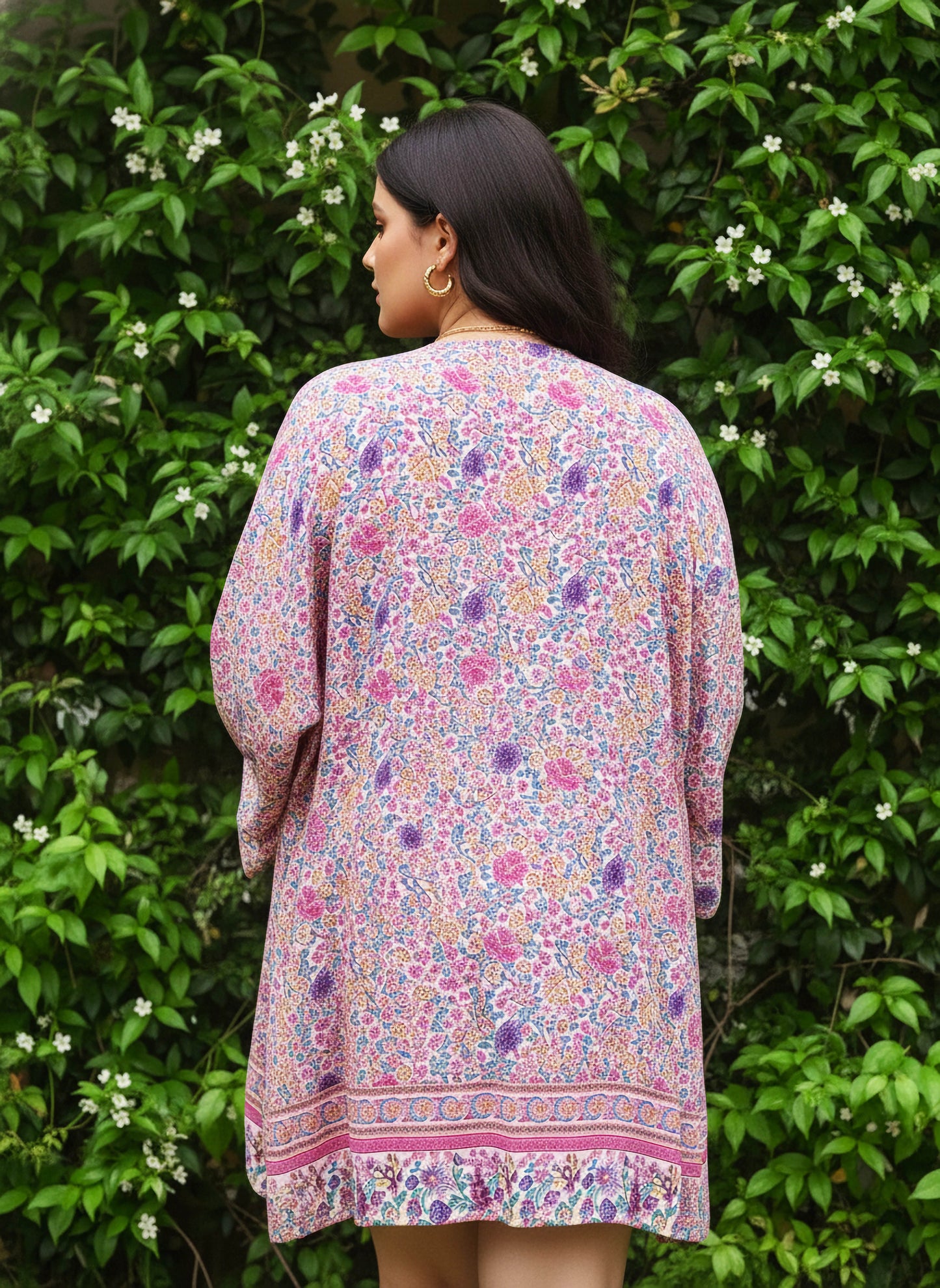 Berrylush Women Plus Size Pink & Purple Floral Printed Crop Top & Tie-Up Front Shorts With Kimono