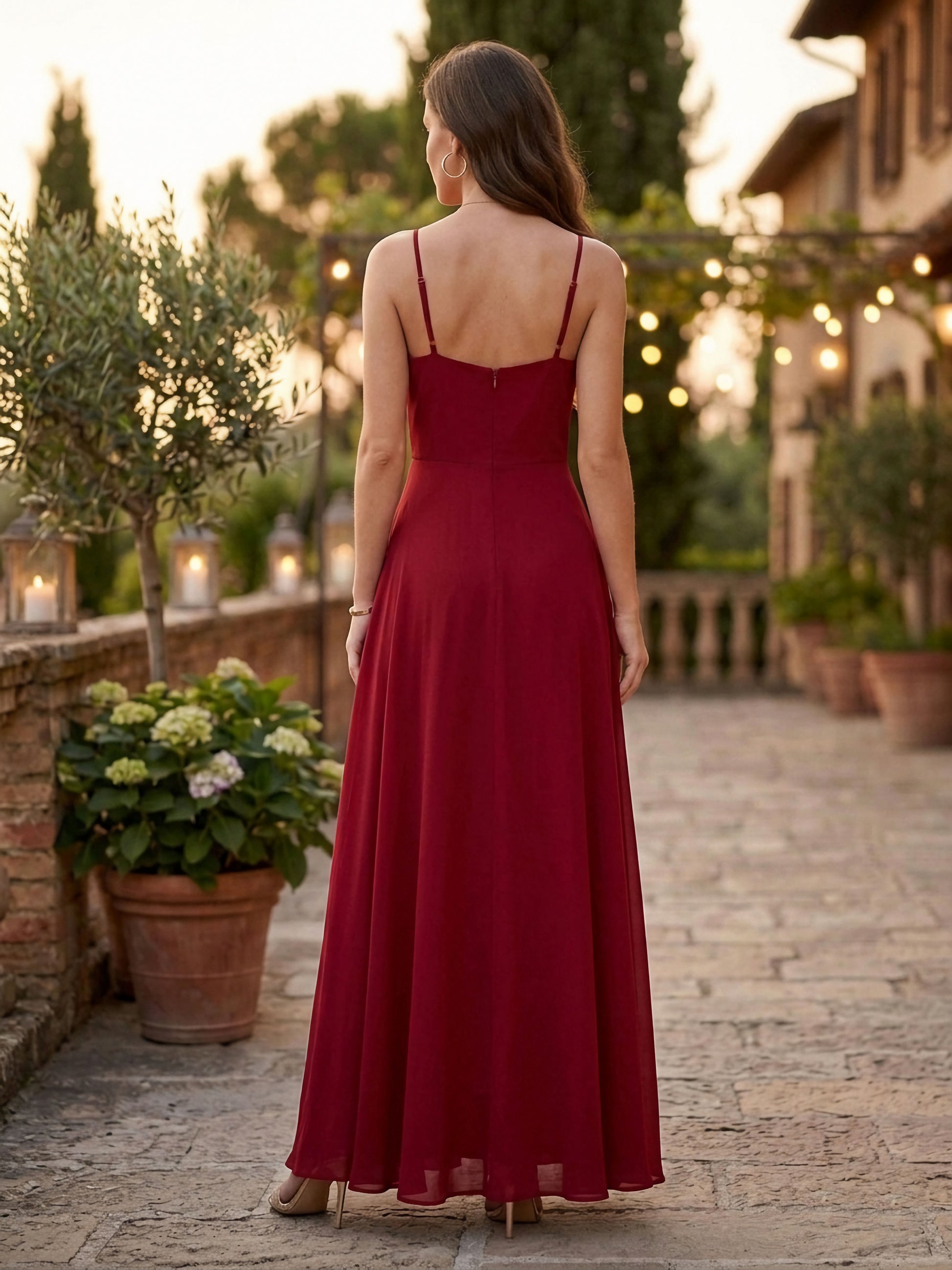 Berrylush Women Solid Red V-Neck Flared Maxi Dress