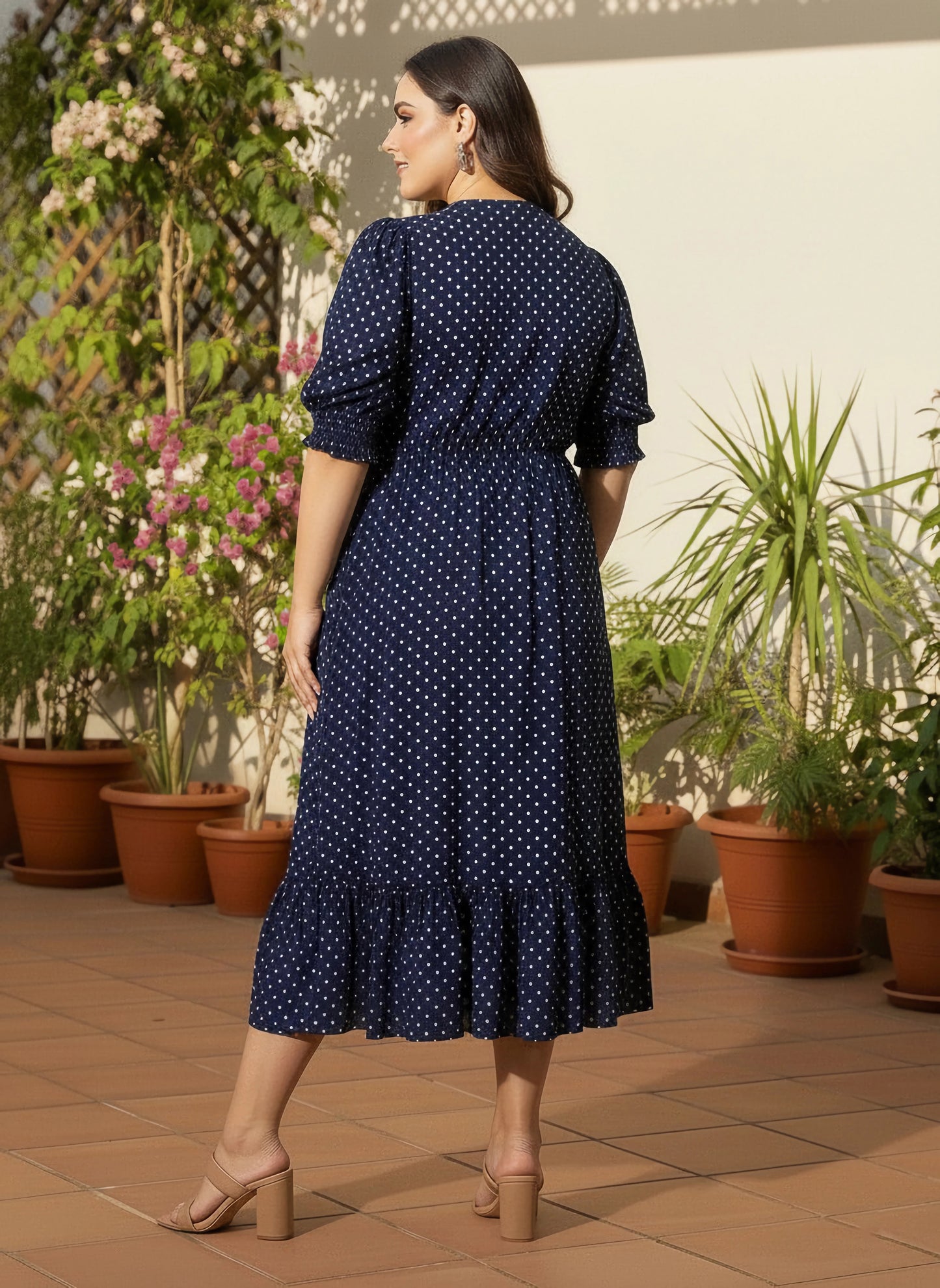 Curve Navy Blue & White Polka Dot Printed Mandarin Collar Neck Crepe Pleated Fit & Flare Midi Dress