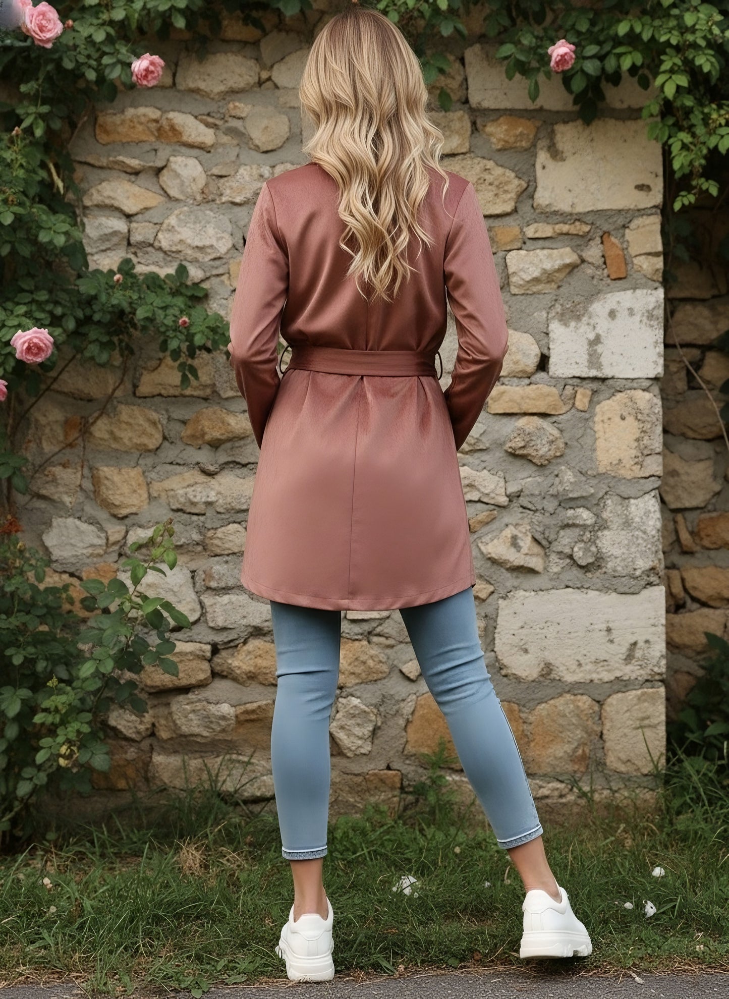 Berrylush Women Solid Brown Shawl Collar Neck Tie-Up Waist Wrap Coat