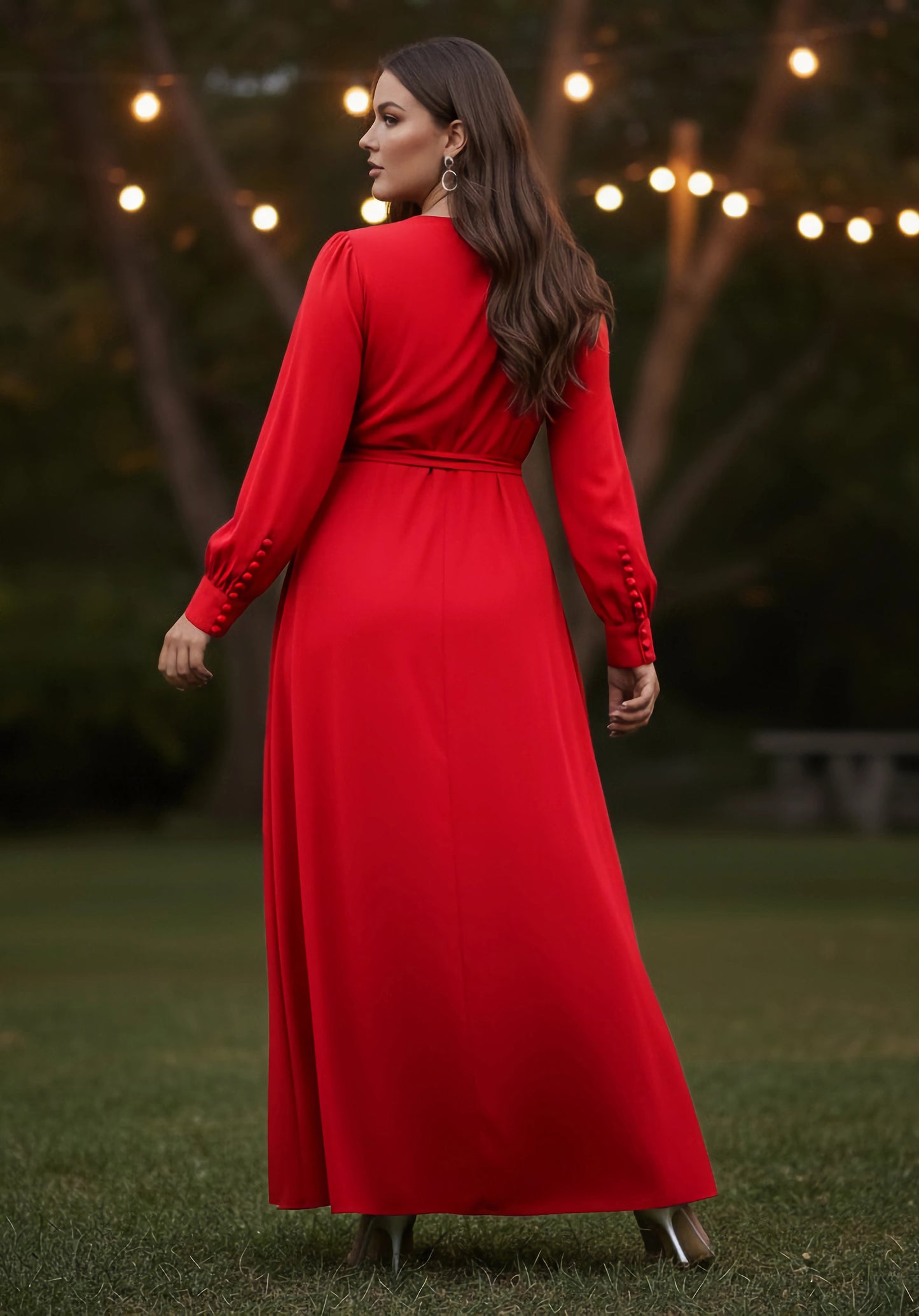 Berrylush Curve Women Solid Red V-Neck Cuff Sleeves Waist Tie-Up Pleated Maxi Dress