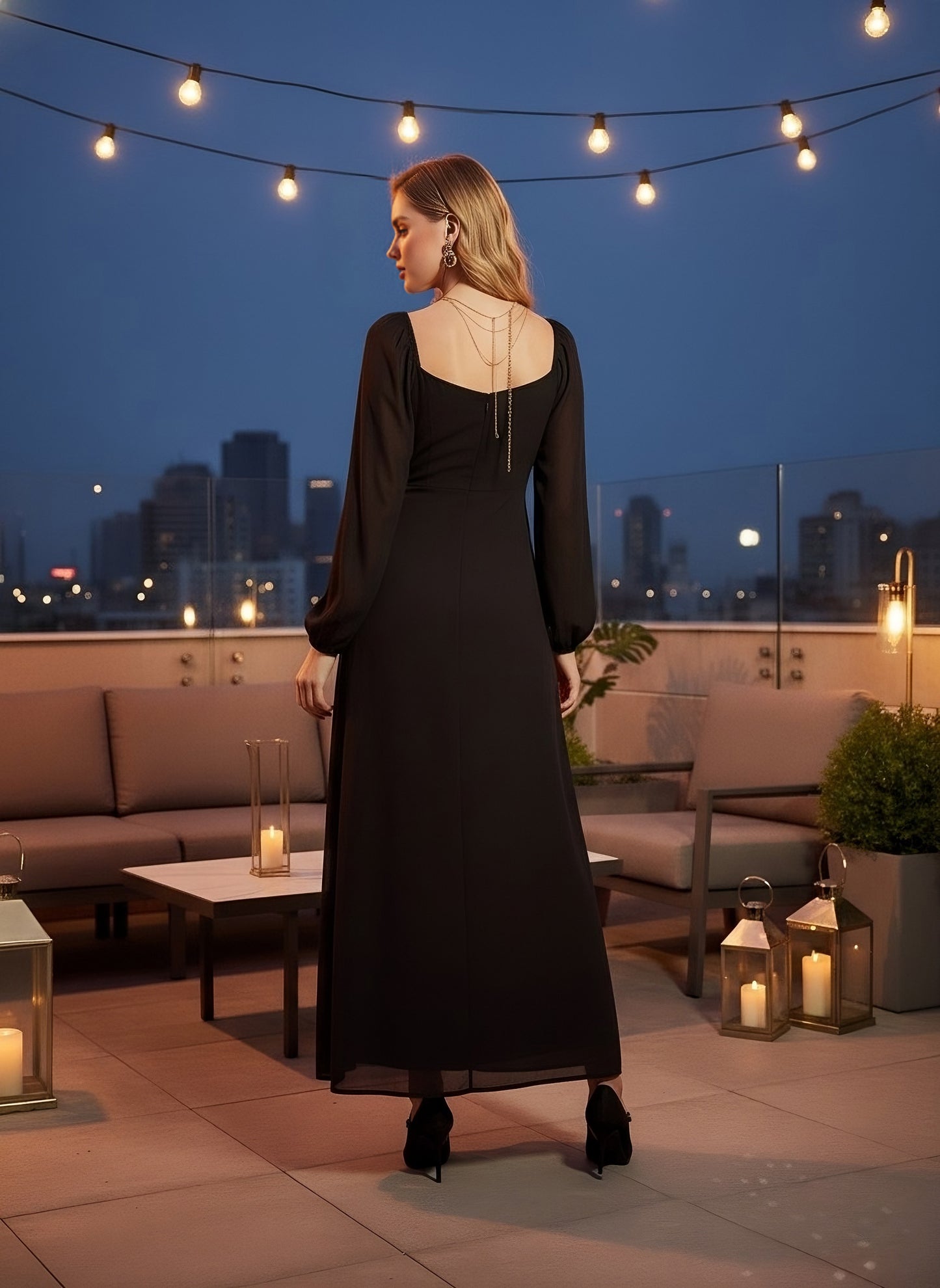 Berrylush Women Solid Black Sweetheart Neck Bishop Sleeves Thigh-High Slit Straight Hem A-Line Maxi Dress