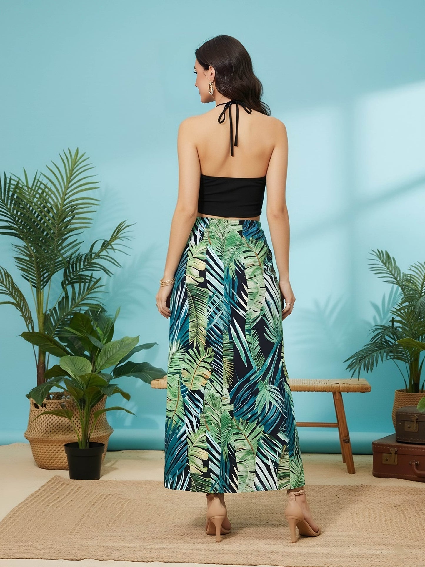 Berrylush Women Black & Green Tropical Printed High-Rise Waist Straight Hem Thigh-High Slit A-Line Maxi Skirt