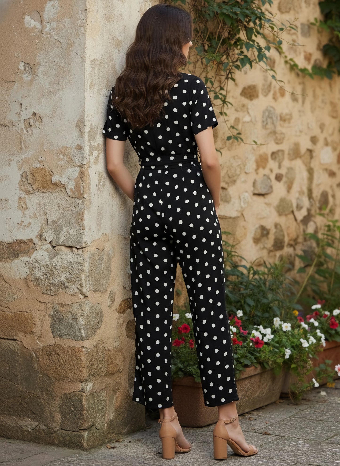 Berrylush Women Black & White Polka Dot Printed V-Neck Short Sleeves Waist Tie-Up Maxi Jumpsuit