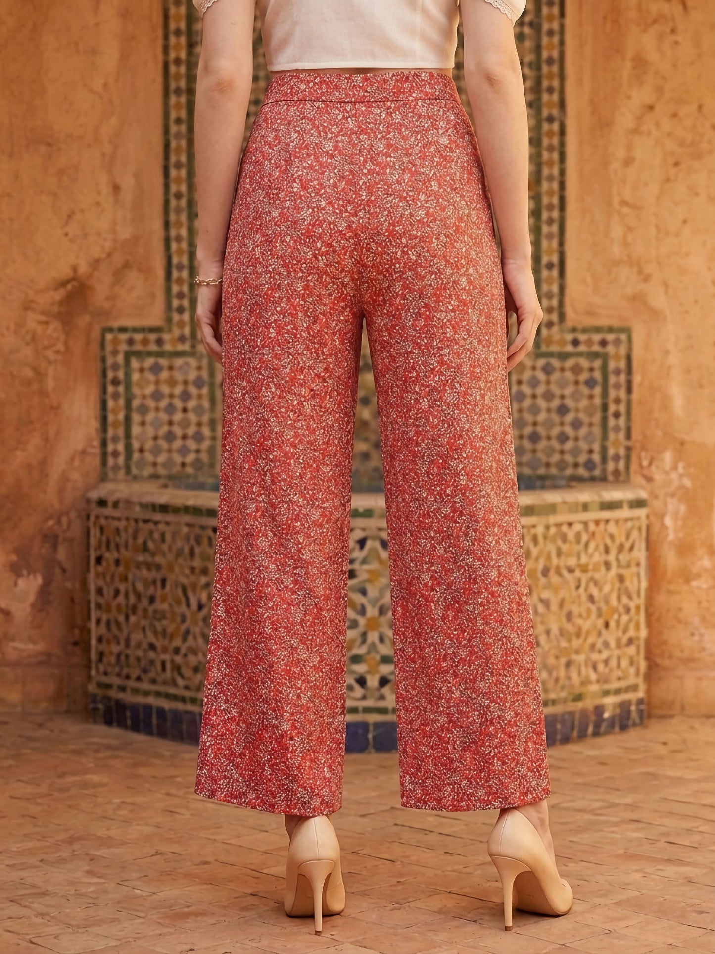Berrylush Women Red & White Floral Printed Loose Fit High-Rise Waist Relaxed Trousers