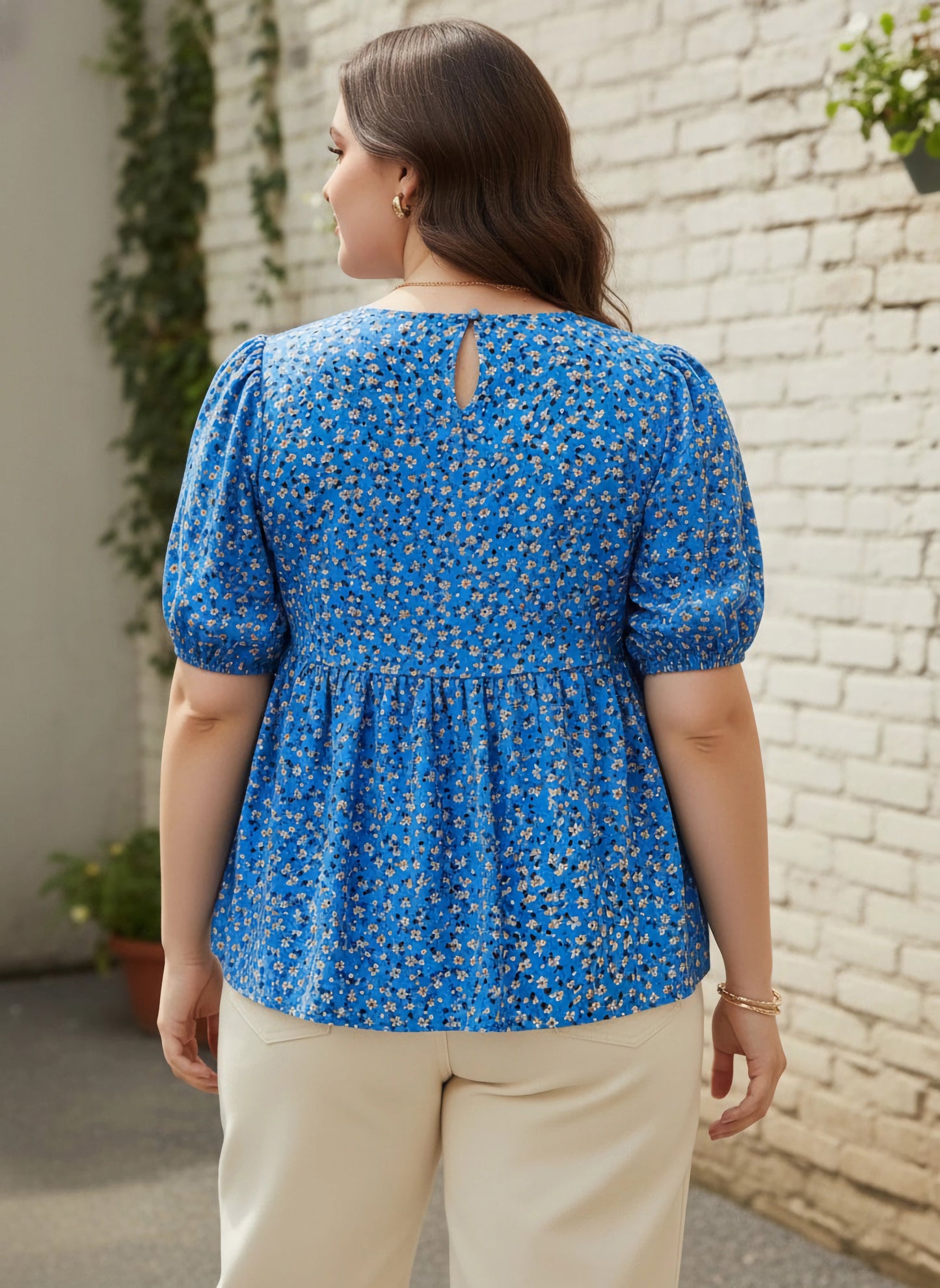 Berrylush Women Plus Size Blue & Yellow Floral Printed Round Neck Button-Up Crepe Pleated Regular Top