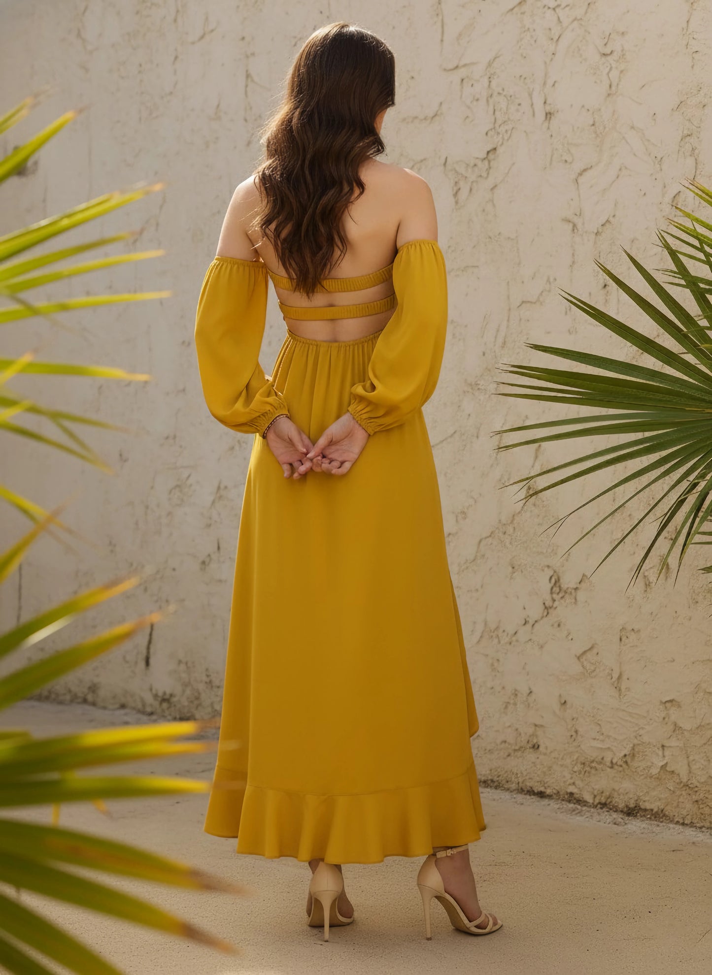 Solid Yellow Off-Shoulder Neck Puff Sleeves Cut-Out Asymmetrical Hem A-Line Midi Dress