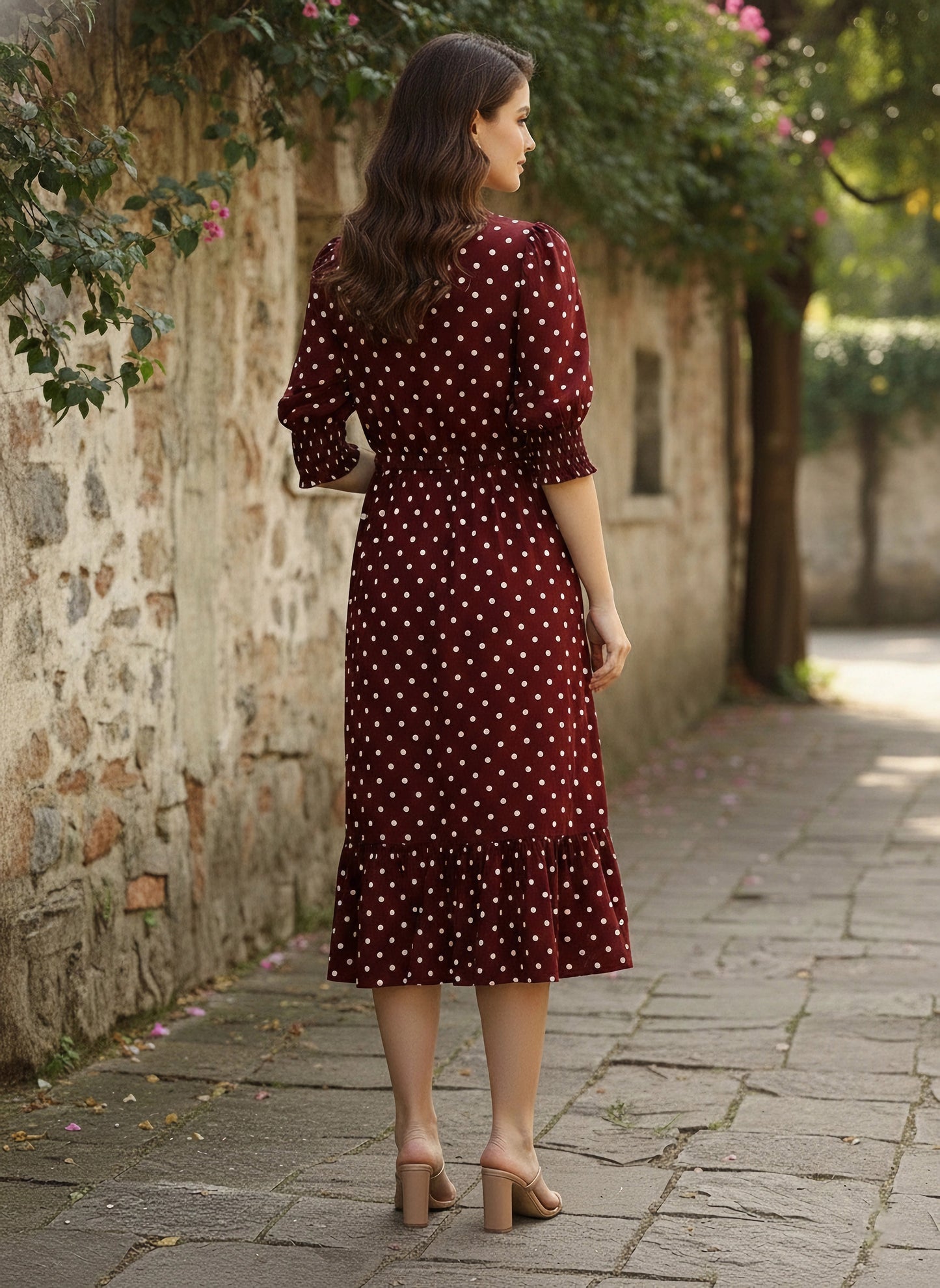 Berrylush Women Red & White Smocked Waist Ruffle A-Line Midi Dress