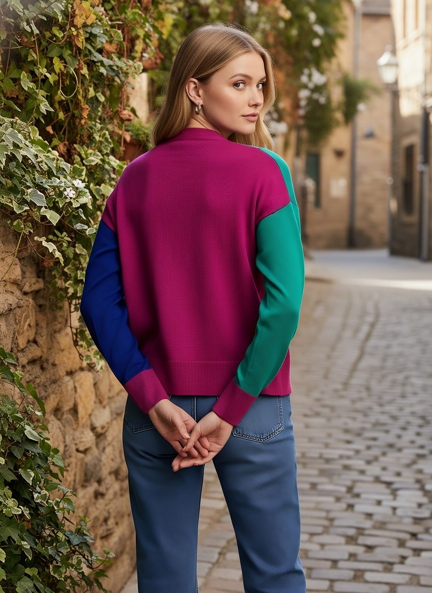 Berrylush Women Colourblocked Pink, Green, & Blue V-Neck Drop-Shoulder Sleeves Front Button-Up Straight Hem Knitted Regular Cardigan