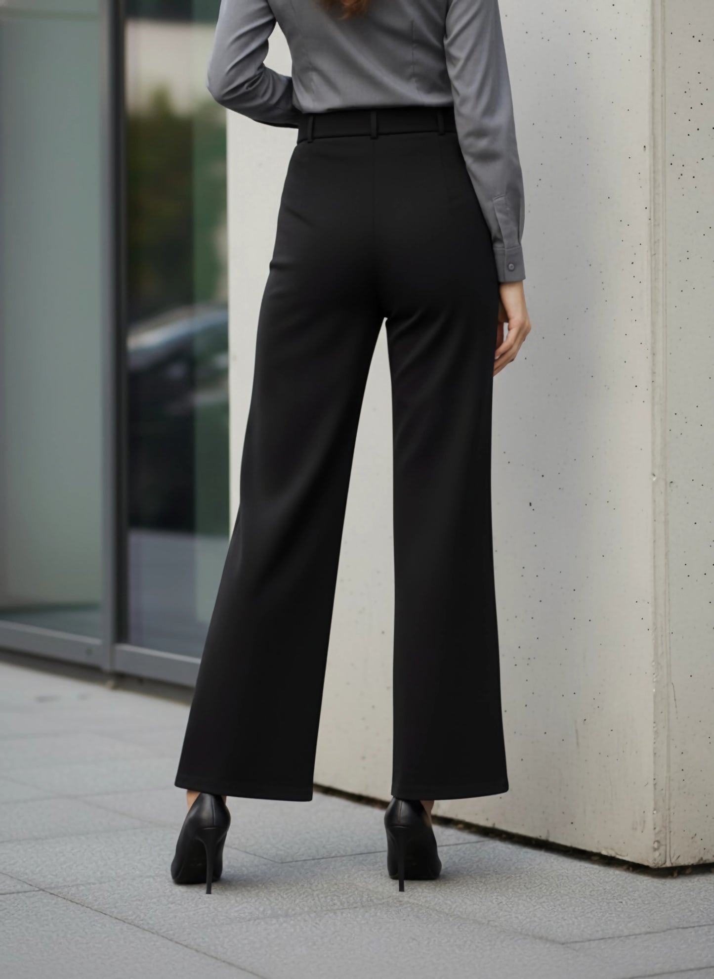 Berrylush BIZwear Women Solid Black High-Rise Waist Slip-On Flare-Leg Belted Regular Pants