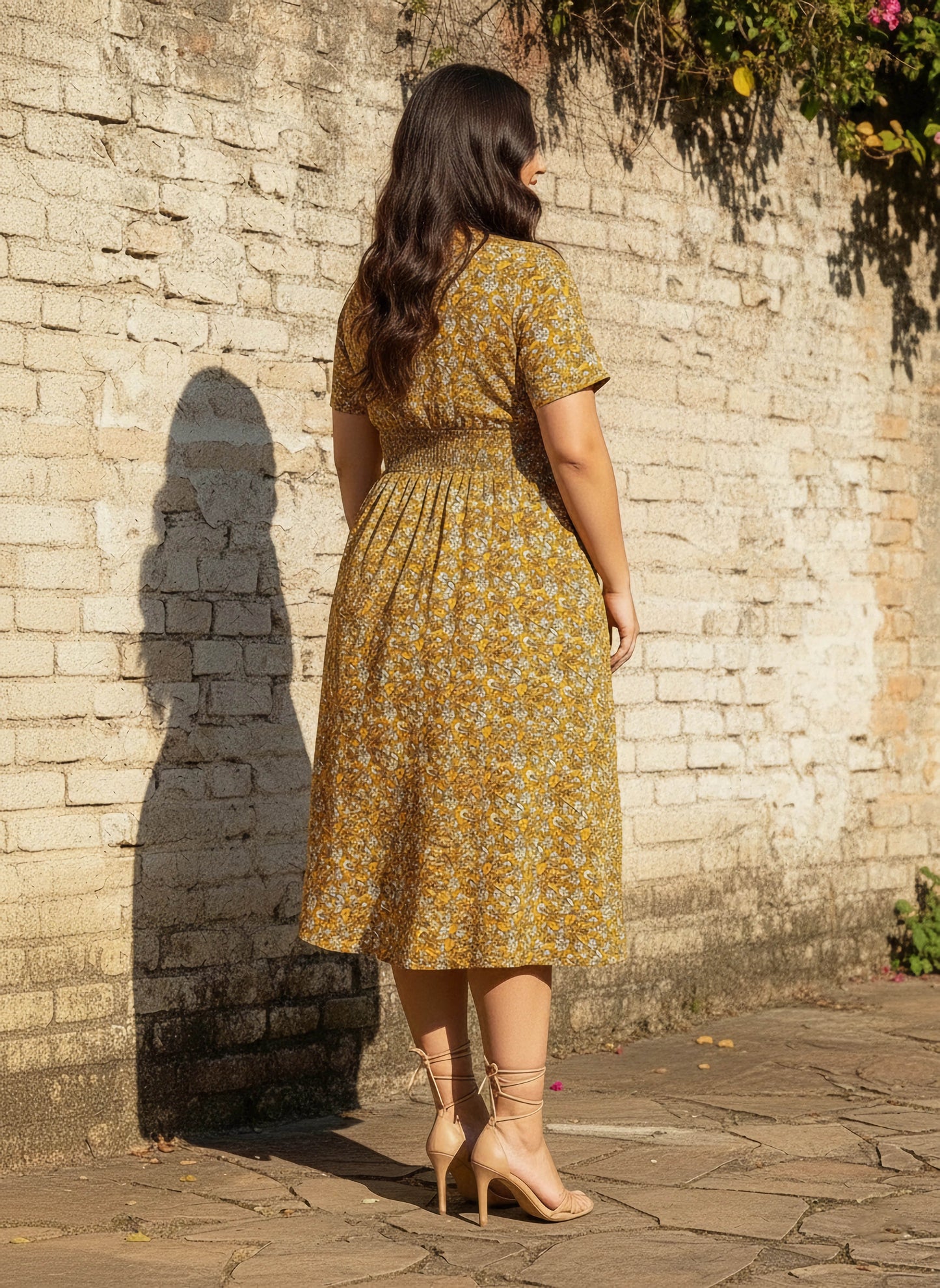 Curve Mustard Yellow & White Floral Printed V-Neck Short Sleeves Wrap Smocked Fit & Flare Midi Dress