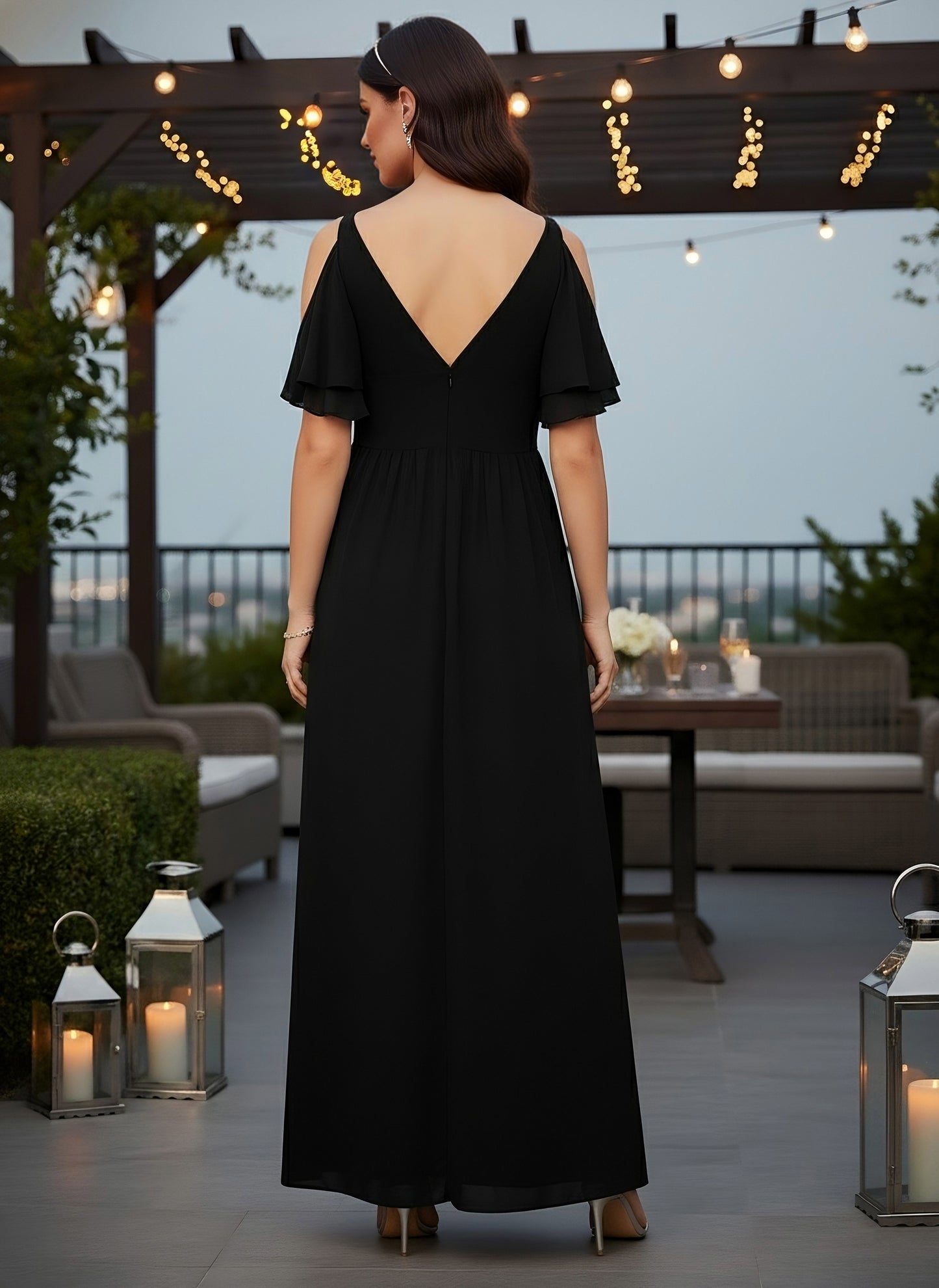 Berrylush Women Solid Black V-Neck Sleeveless Straight Hem Thigh-High Slit A-Line Maxi Dress