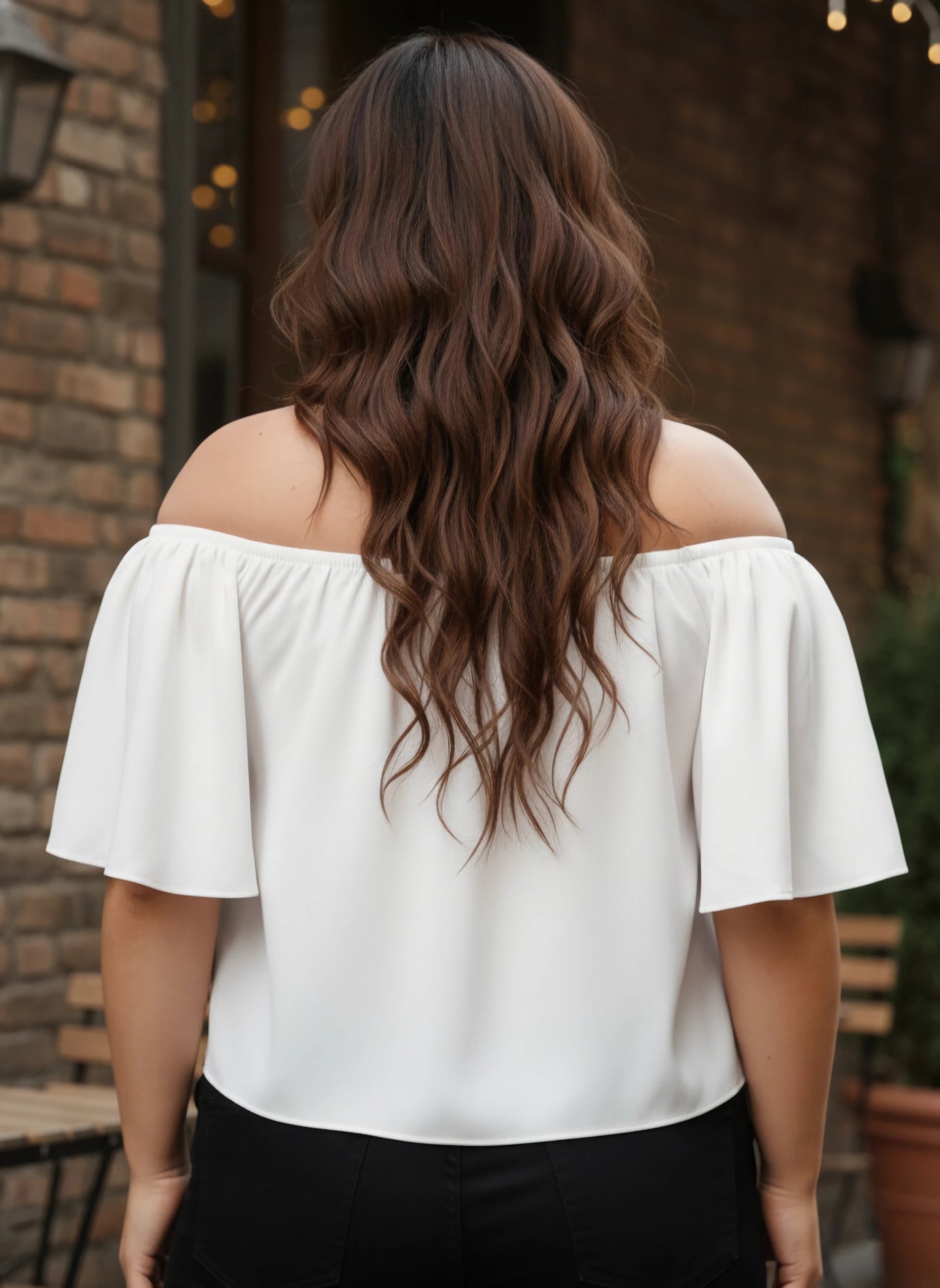 Berrylush Women Plus Size Solid White Off-Shoulder Neck Crepe Ruffled Bardot Crop Top