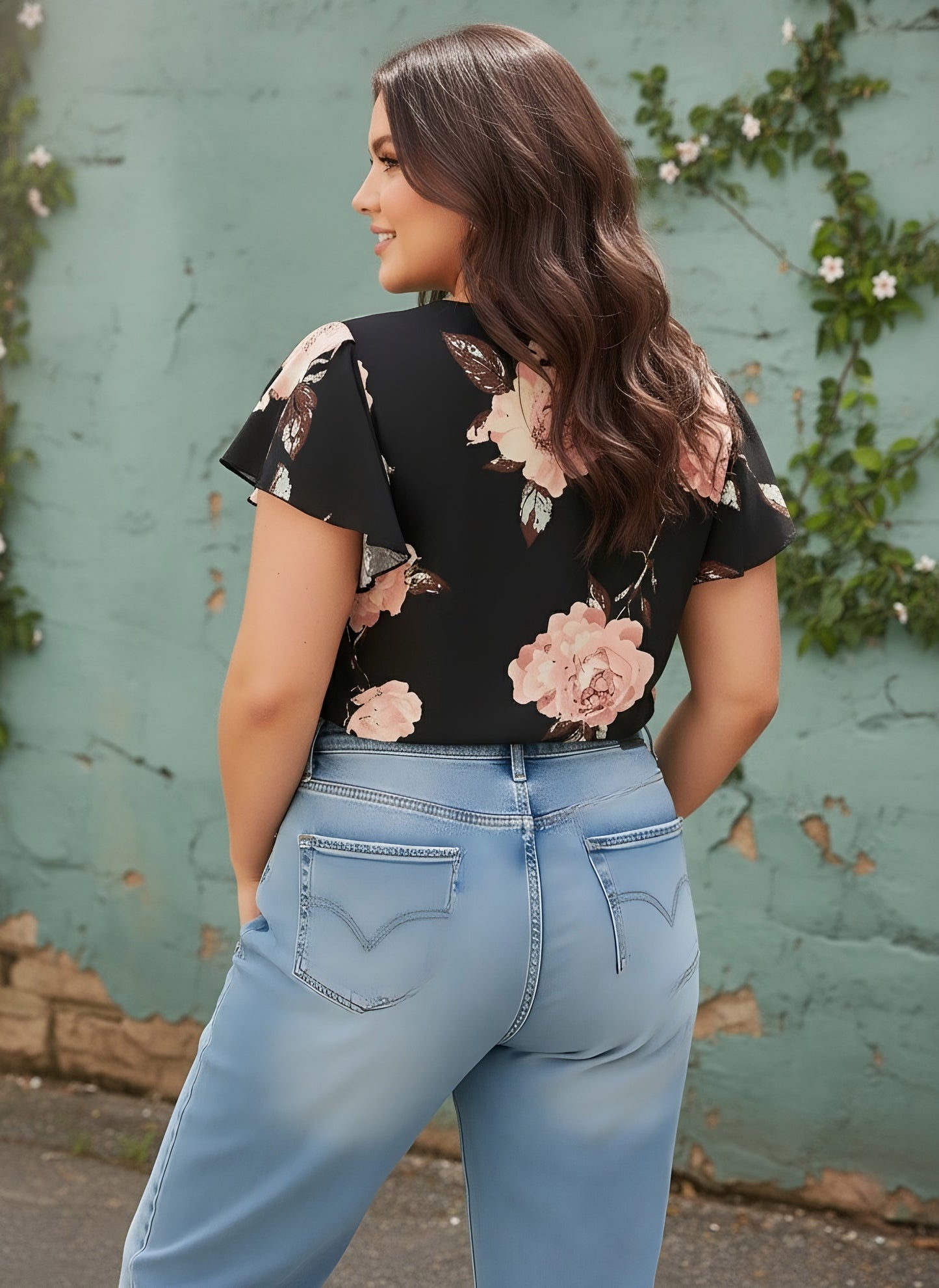 Berrylush Curve Women Black & Pink Floral Printed V-Neck Flutter Sleeves Slip-On Regular Top