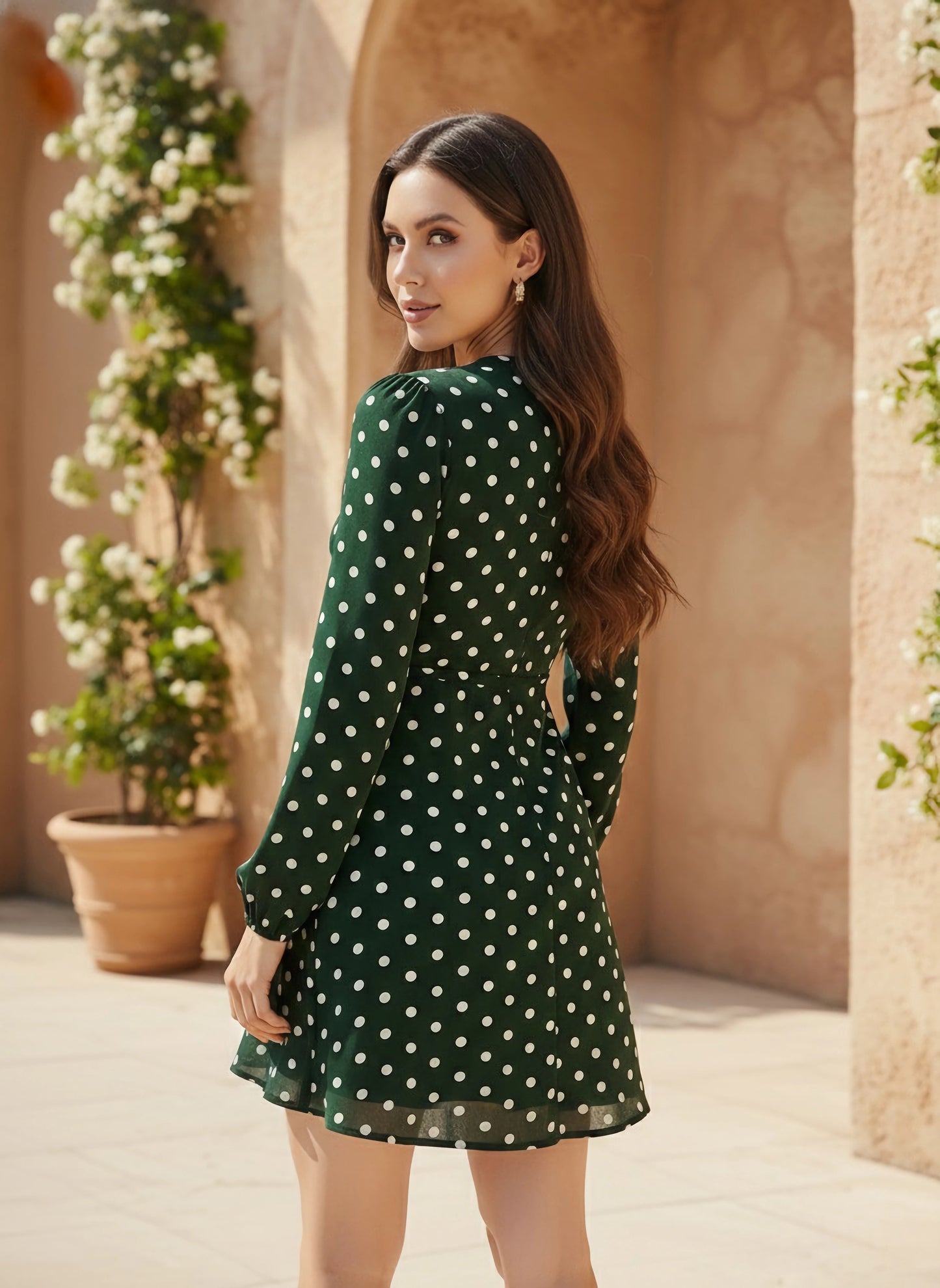 Berrylush Women Green Polka Dot Printed V-Neck Waist Tie-Up Fit & Flare Wrap Mini Dress