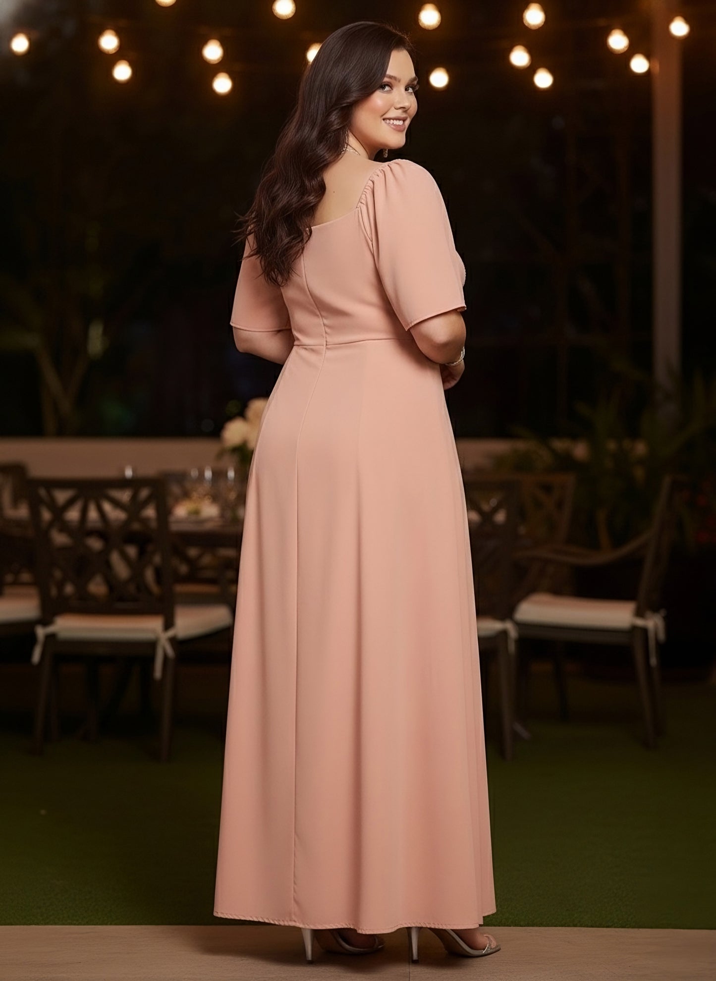 Berrylush Curve Women Solid Pink Square Neck Puff Sleeves Thigh-High Slit Flared Maxi Dress