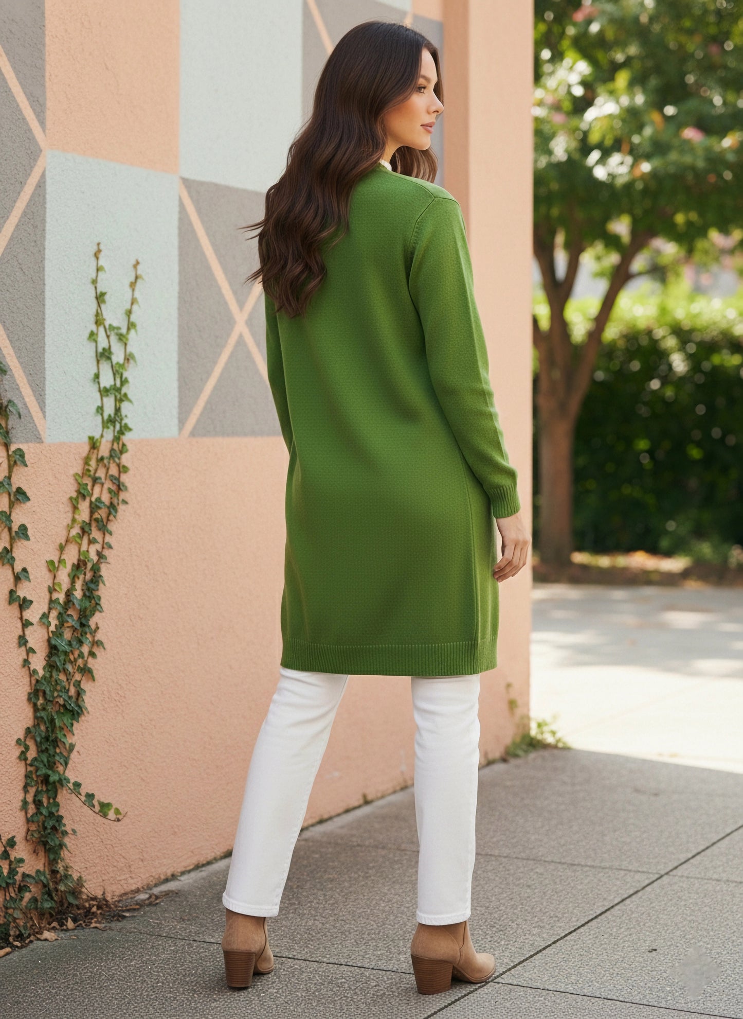 Berrylush Women Solid Green Open-Front Neck Drop-Shoulder Sleeves Ribbed Hem Longline Cardigan