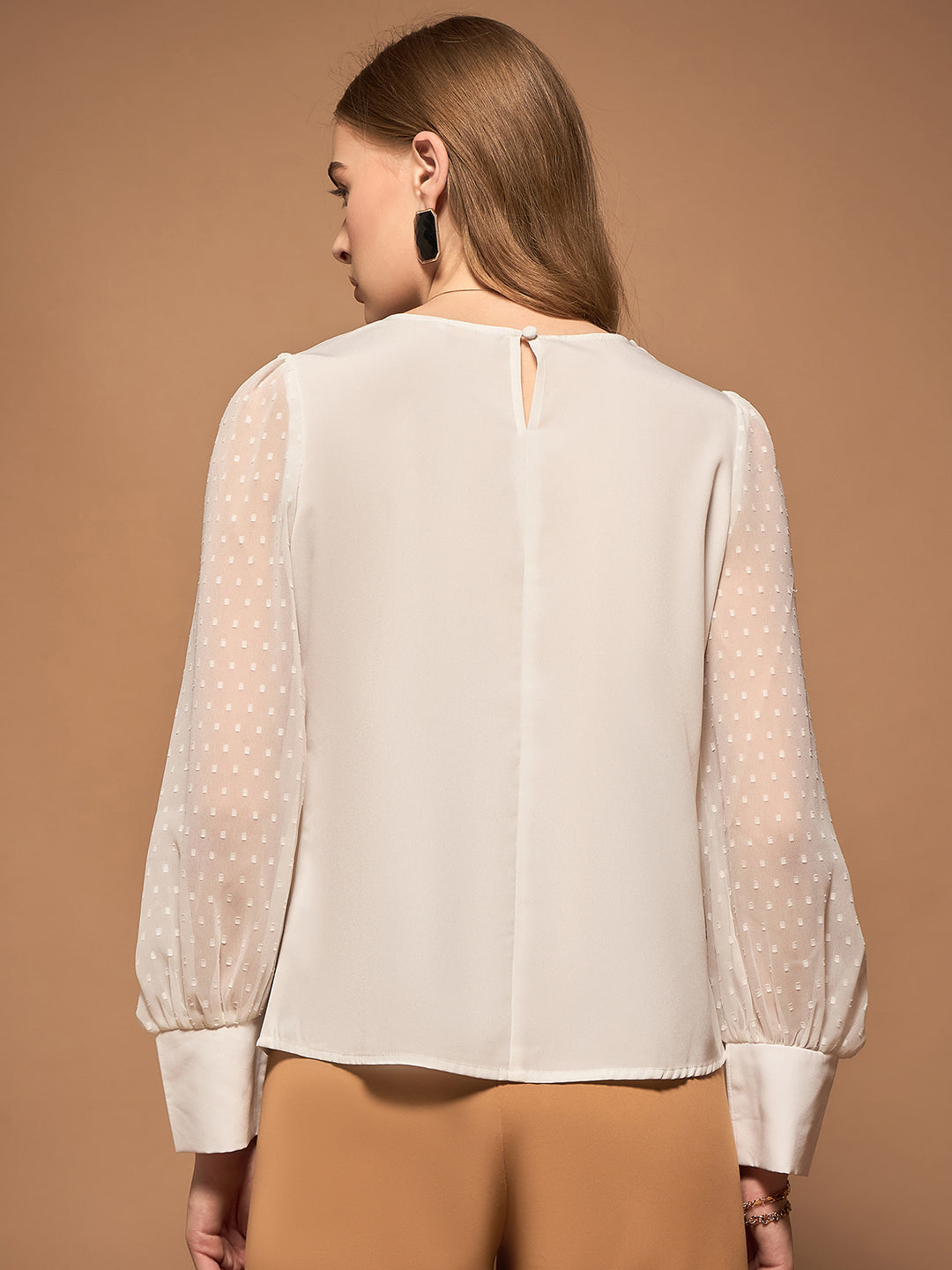 Berrylush BIZwear Women Solid White Dobby Weave Round Neck Long Sleeves Back Keyhole Button-Up Regular Top