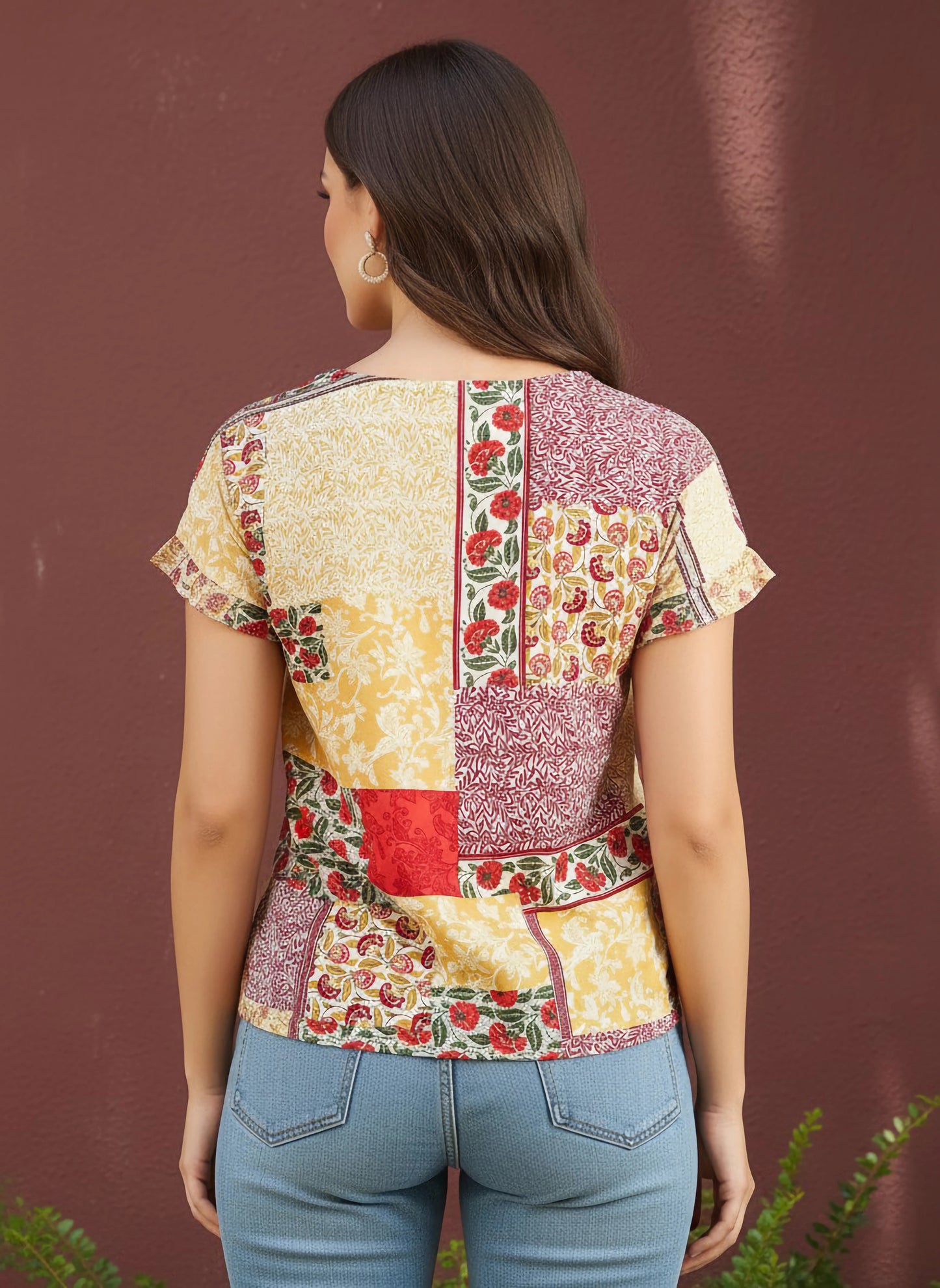 Berrylush Women Red & Yellow Floral Printed Round Neck Short Sleeves Slip-On Straight Hem Regular Top