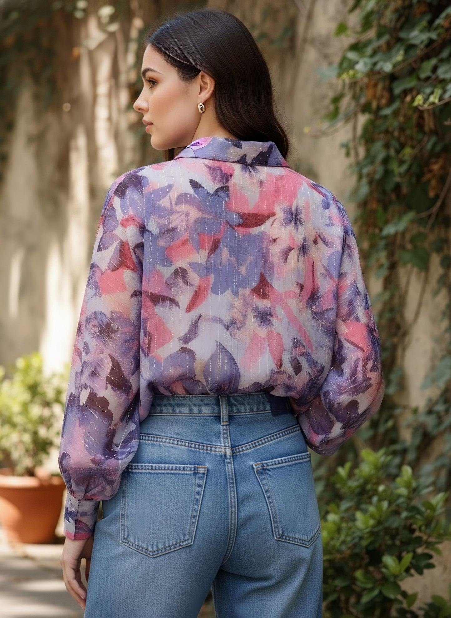 Berrylush Women Purple Floral Print Spread Collar Long Sleeves Casual Regular Shirt