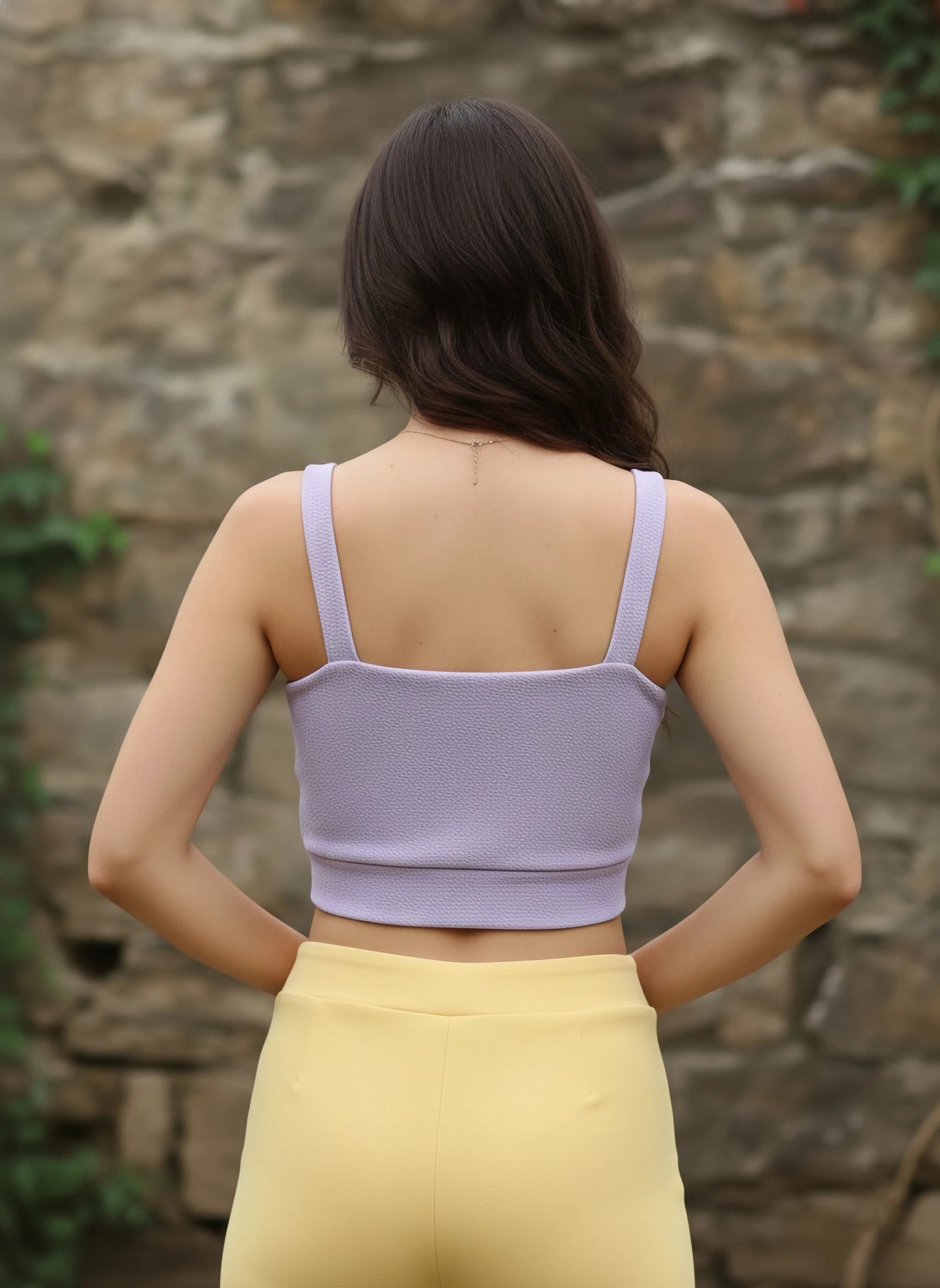 Berrylush Women Solid Lavender Tie-Up Neck Front Cutout Sleeveless Crepe Knitted Crop Bralette Top